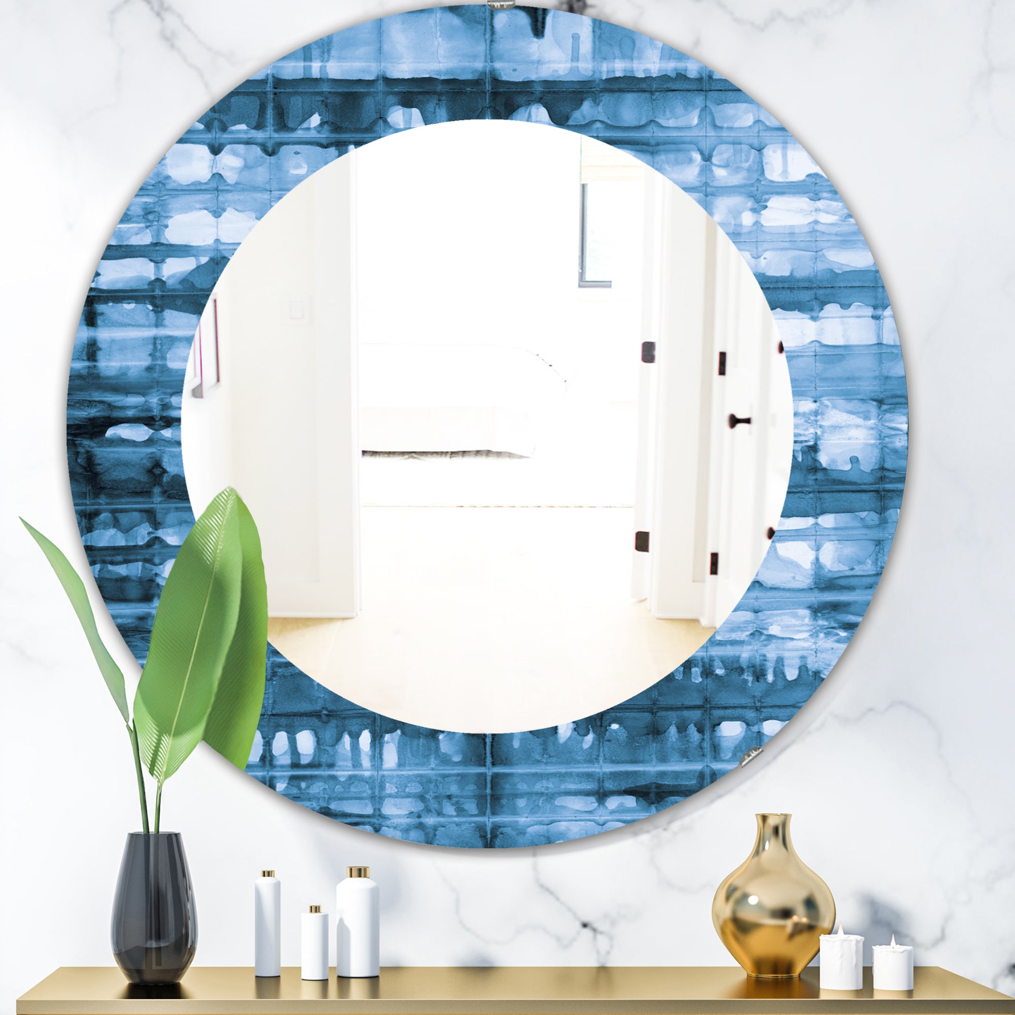 Designart 'Indigo Watercolor Geometrical V' Mid-Century Mirror - Oval or Round Wall Mirror