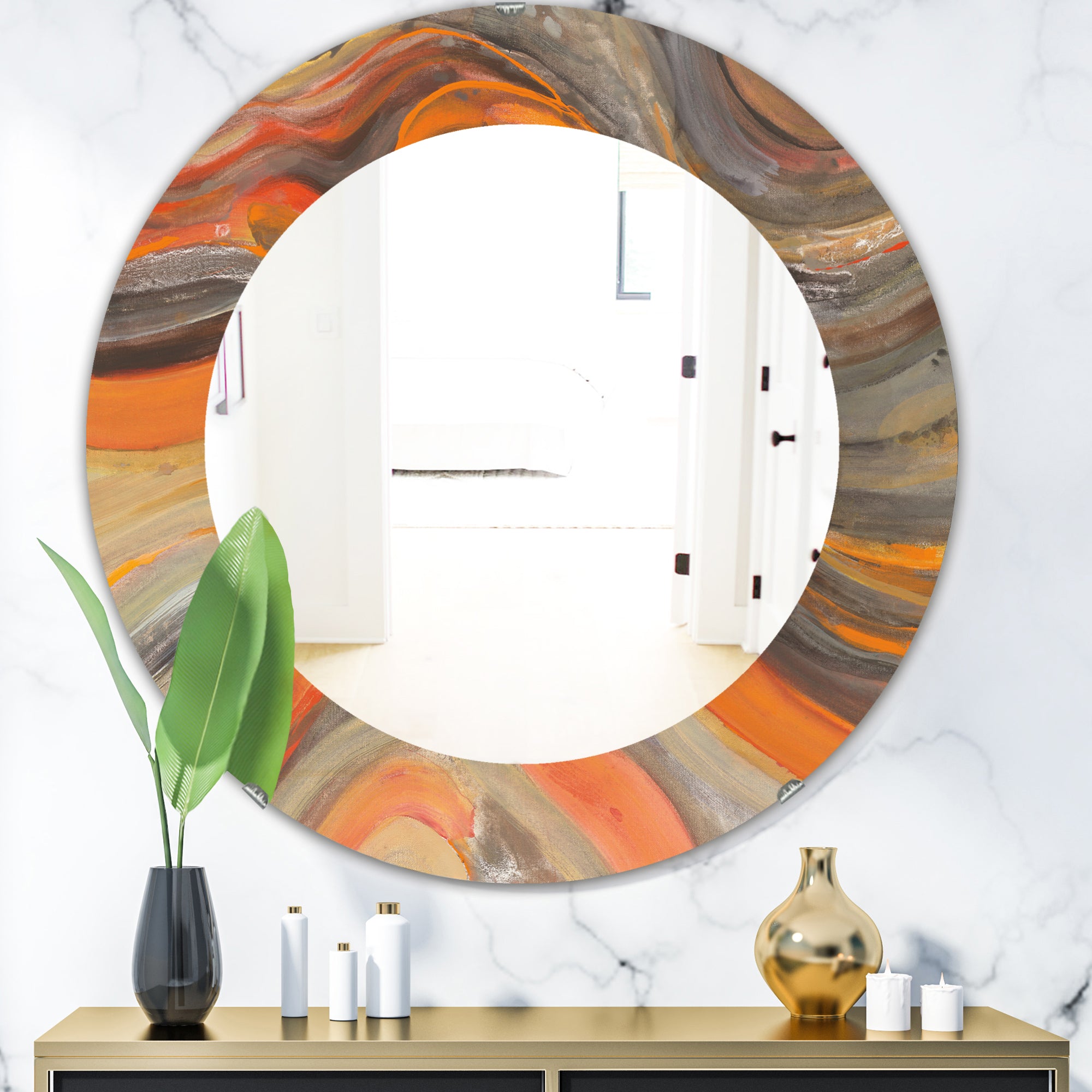 Designart 'Abstract Gilded Orange Waves' Modern Mirror - Oval or Round Wall Mirror