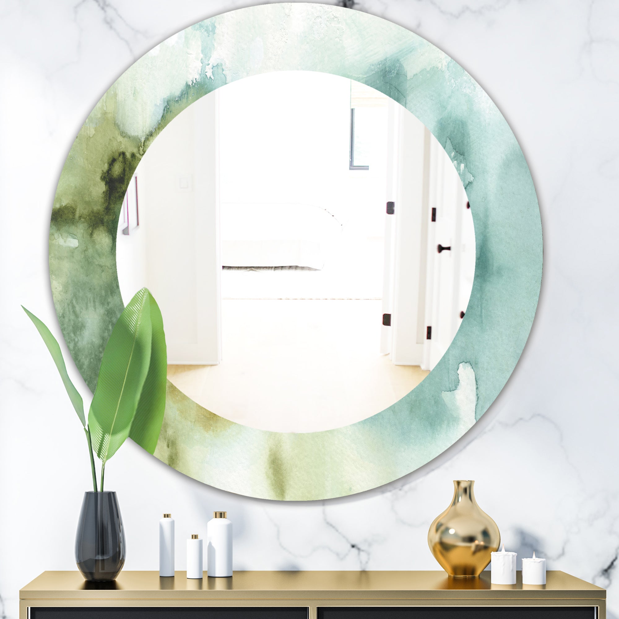 Designart 'Abstract Watercolor Green House' Traditional Mirror - Oval or Round Wall Mirror