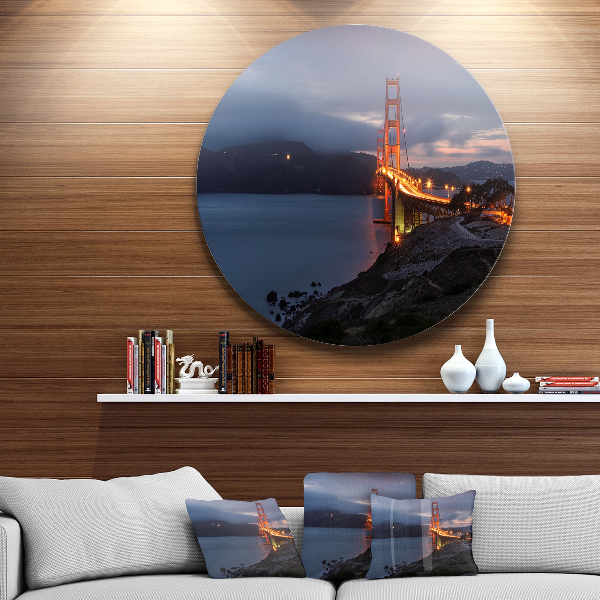Golden Gate with Night Illumination' Ultra Glossy Sea Bridge Metal Circle Wall Art