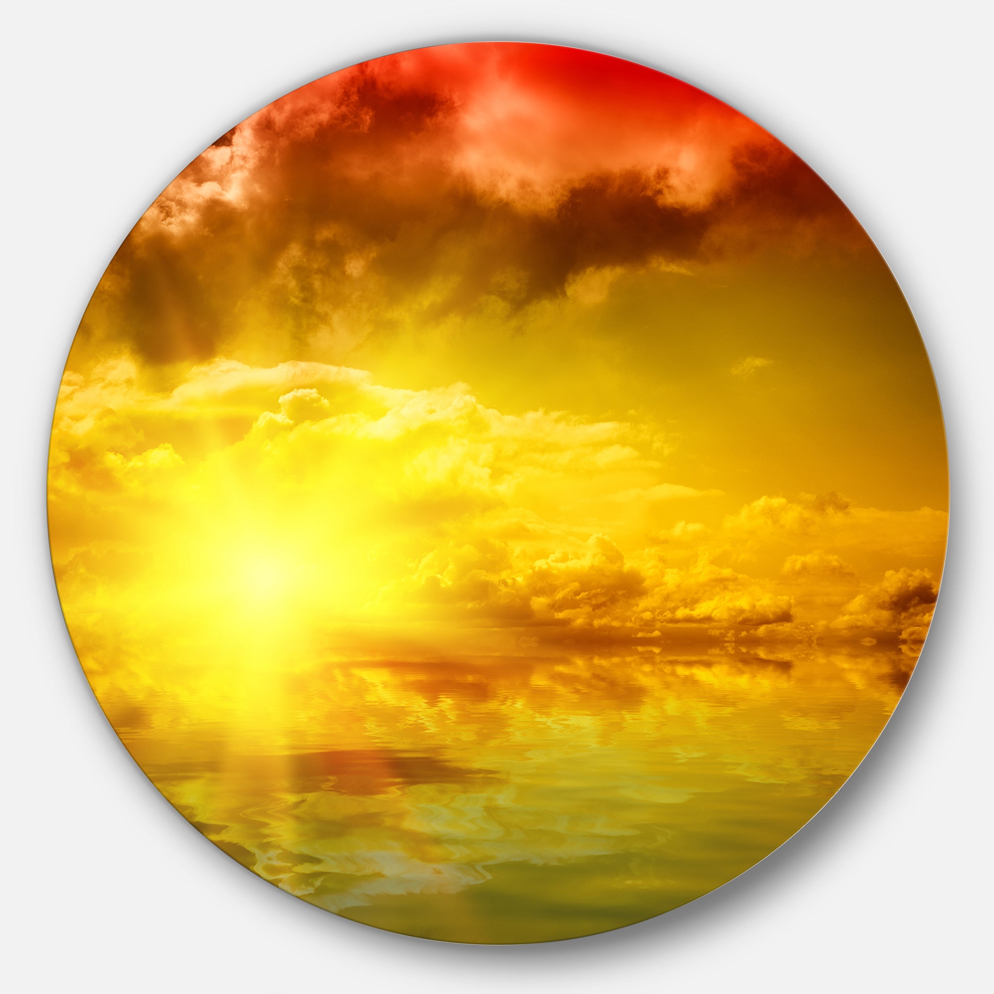 Red Dramatic Sky with Yellow Sun' Ultra Glossy Landscape Metal Circle Wall Art