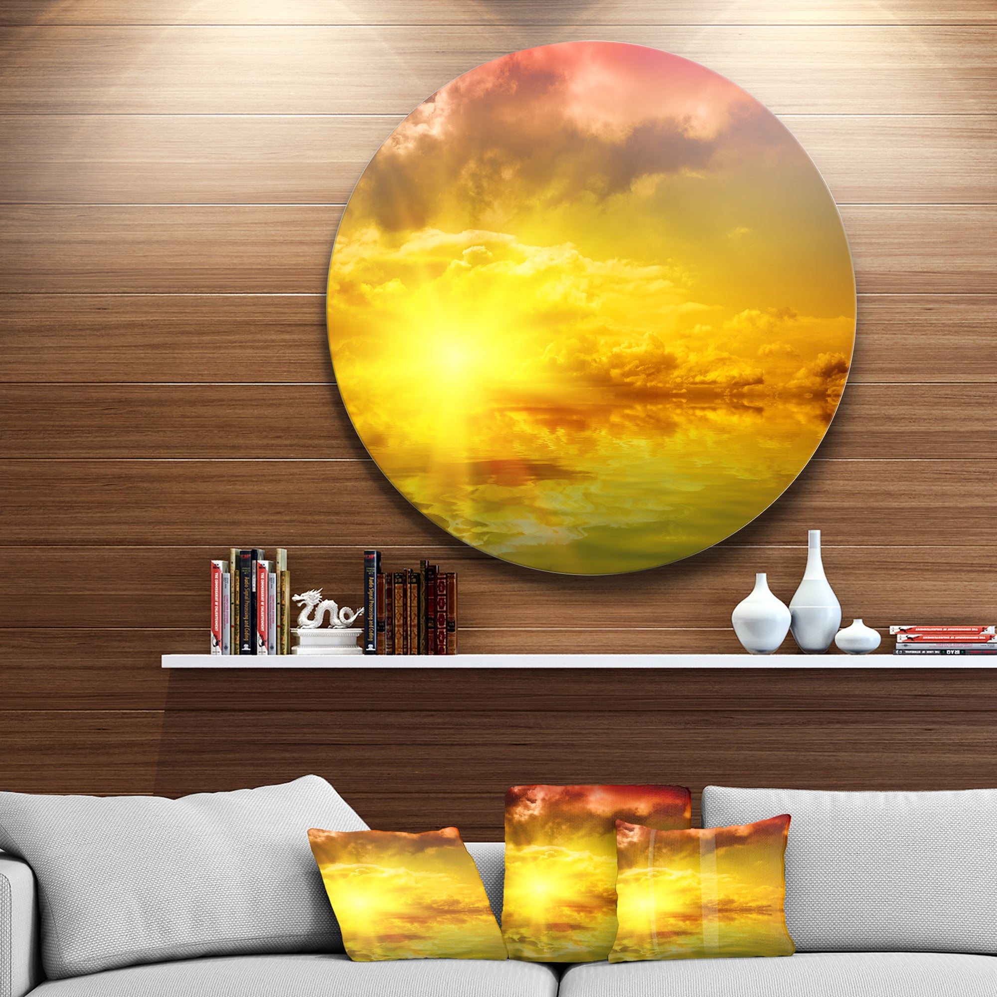 Red Dramatic Sky with Yellow Sun' Ultra Glossy Landscape Metal Circle Wall Art