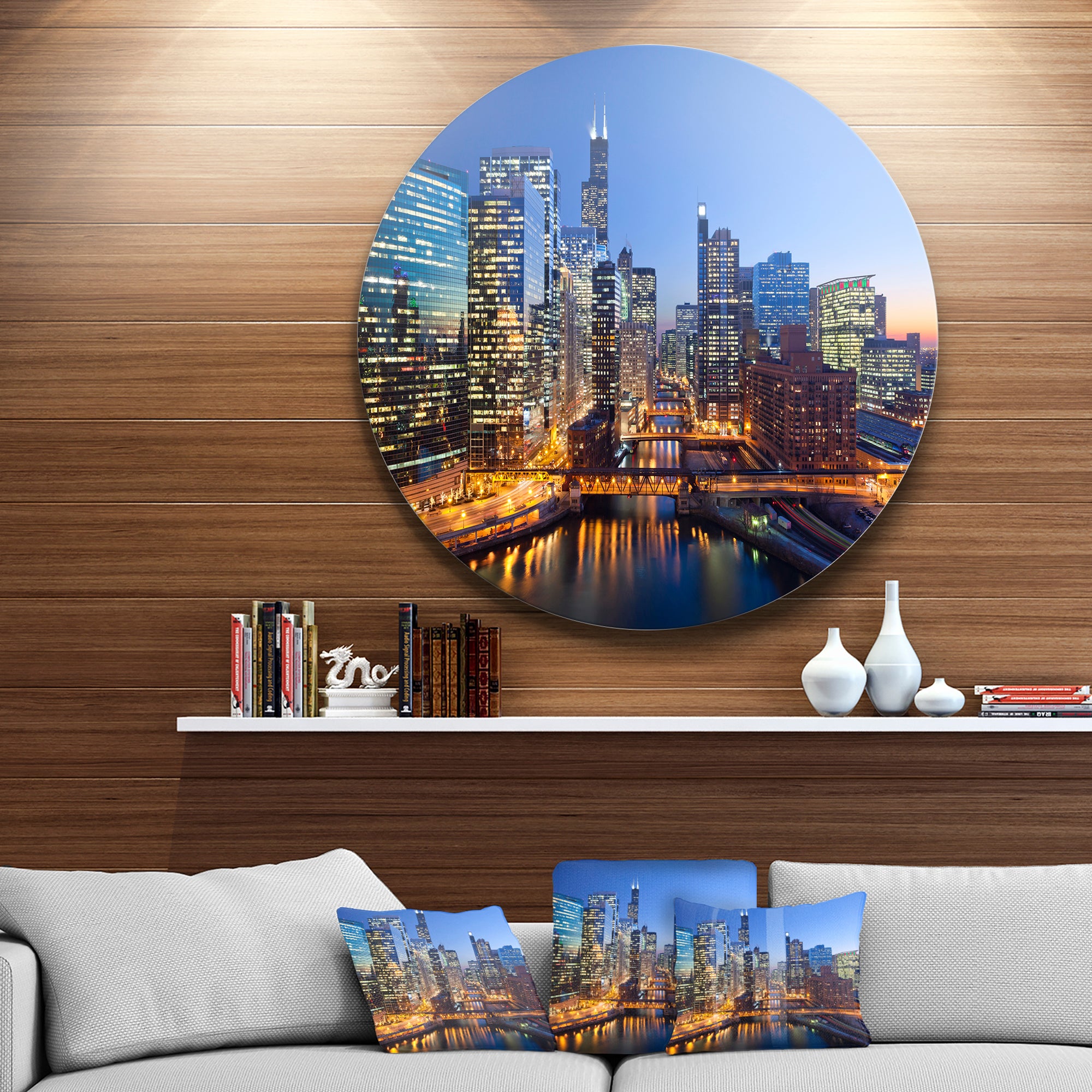 Chicago River with Bridges at Sunset' Ultra Glossy Cityscape Circle Wall Art