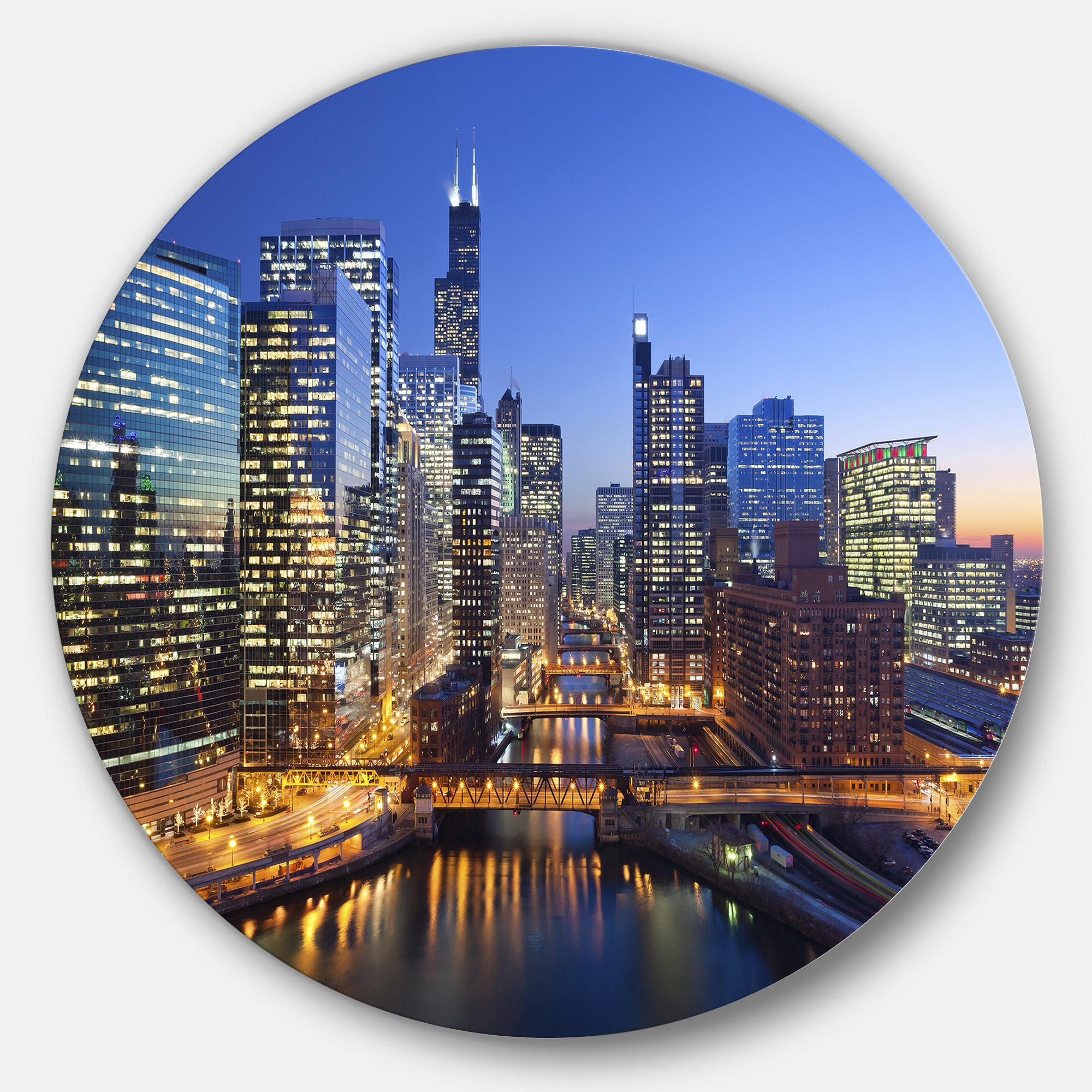 Chicago River with Bridges at Sunset' Ultra Glossy Cityscape Circle Wall Art