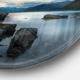 Large Rocks and Distant Cloudy Mountains' Landscape Metal Circle Wall Art
