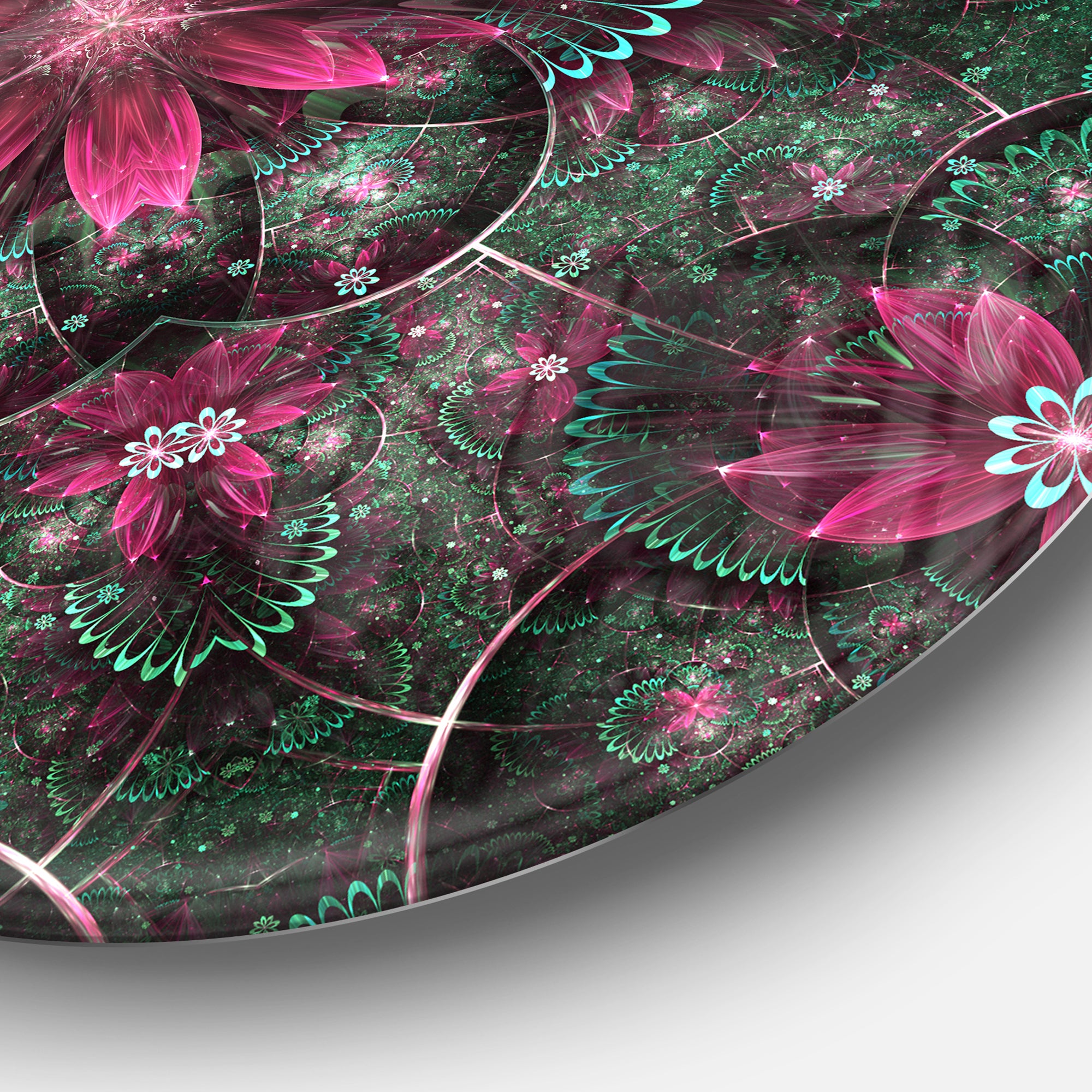 Glossy Green and Red Fractal Flowers' Large Floral Metal Circle Wall Art