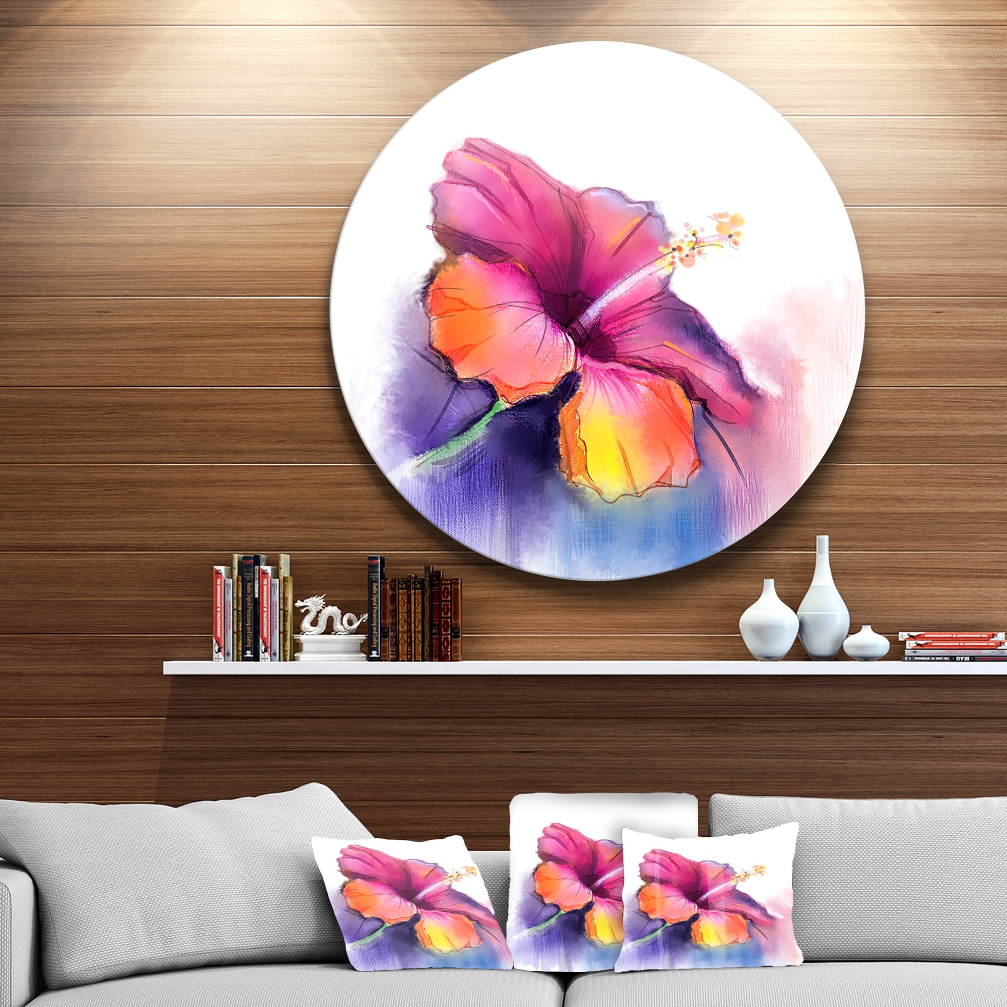 Red Yellow Hibiscus Flower in Blue' Large Flower Metal Circle Wall Art