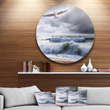 Large Seagull over Stormy Waves' Beach Metal Circle Wall Art