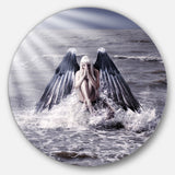Woman with Dark Angel Wings' Beach Metal Circle Wall Art