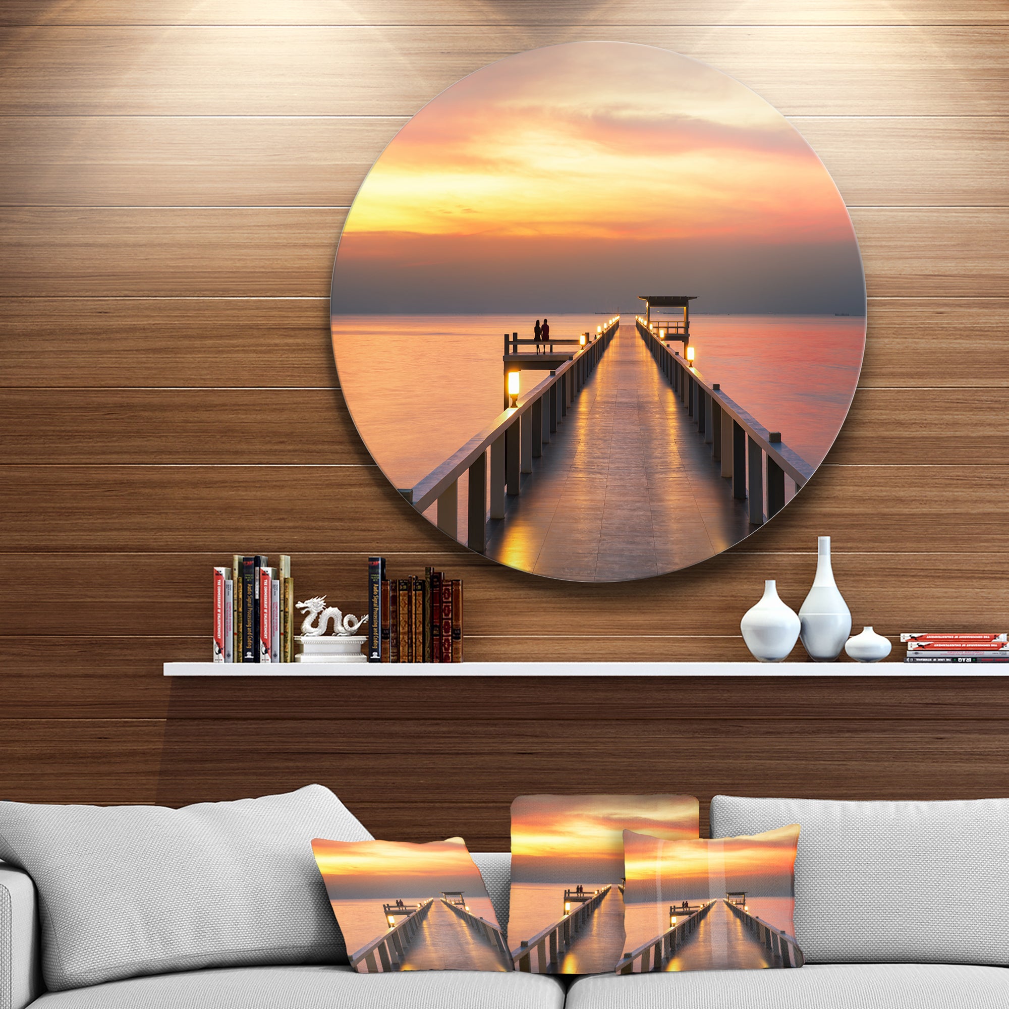 Yellowish Sky and Long Wooden Bridge' Pier Seascape Metal Circle Wall Art