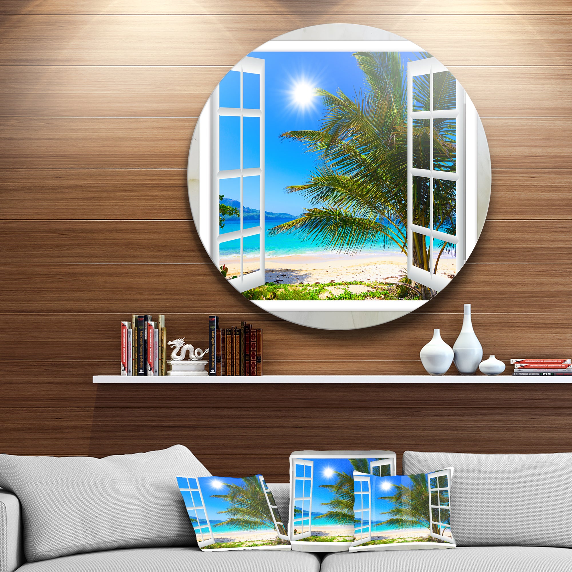 Window Open to Beach with Palm' Extra Large Seashore Metal Circle Wall Art