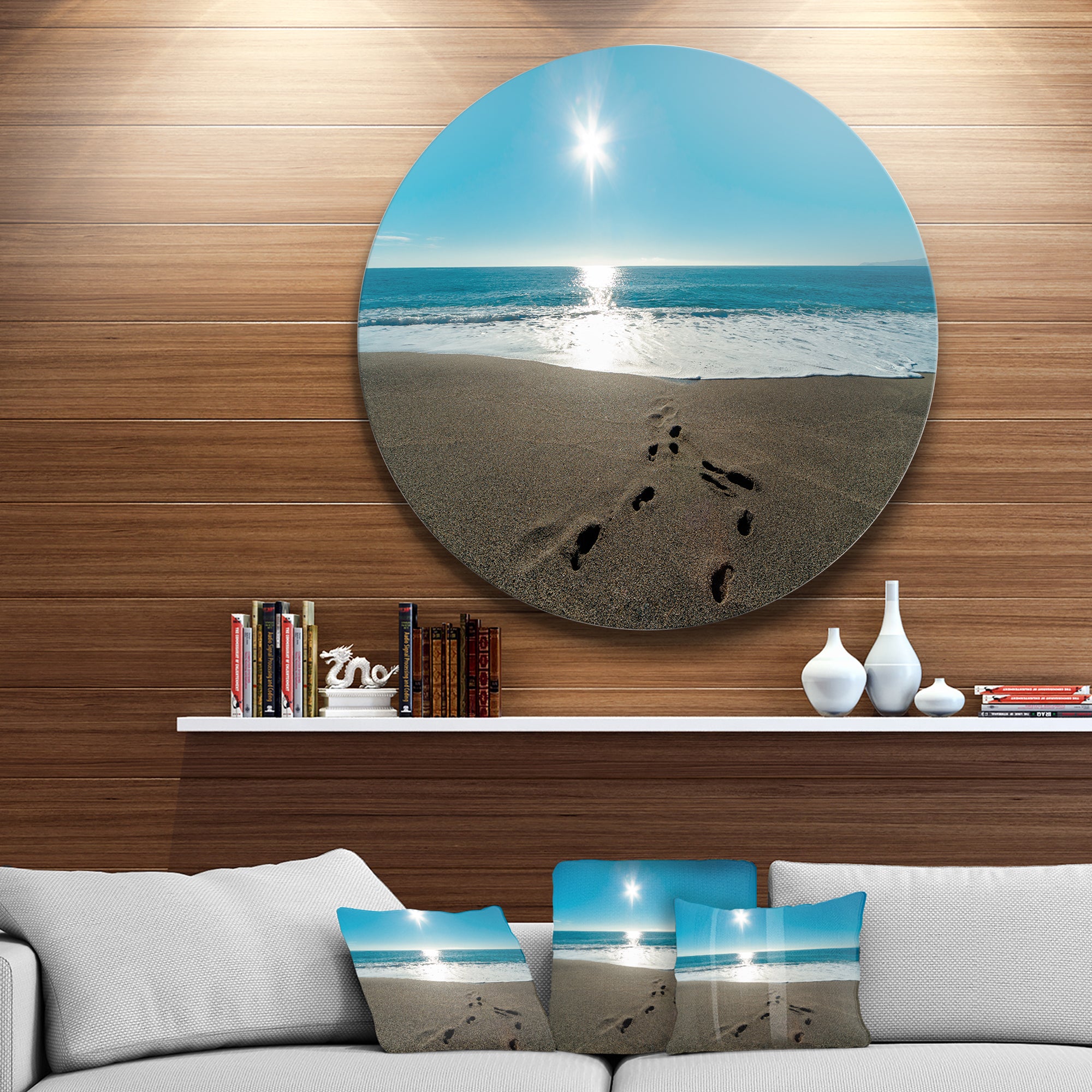Blue Sea and Footprints in Sand' Large Seascape Art Metal Circle Wall Art