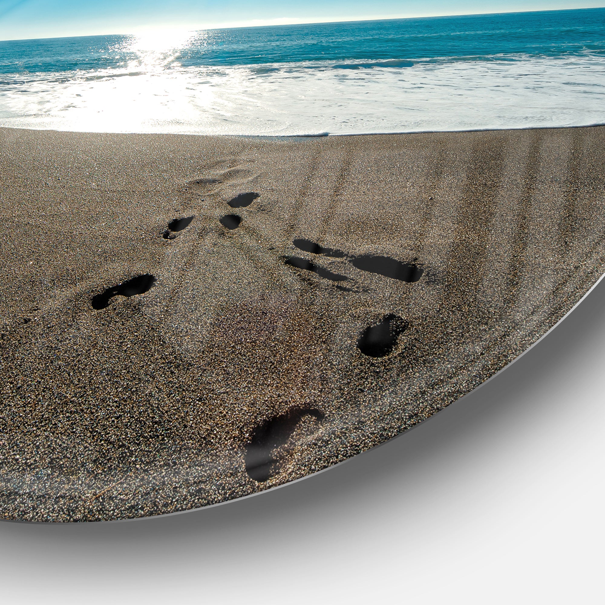 Blue Sea and Footprints in Sand' Large Seascape Art Metal Circle Wall Art