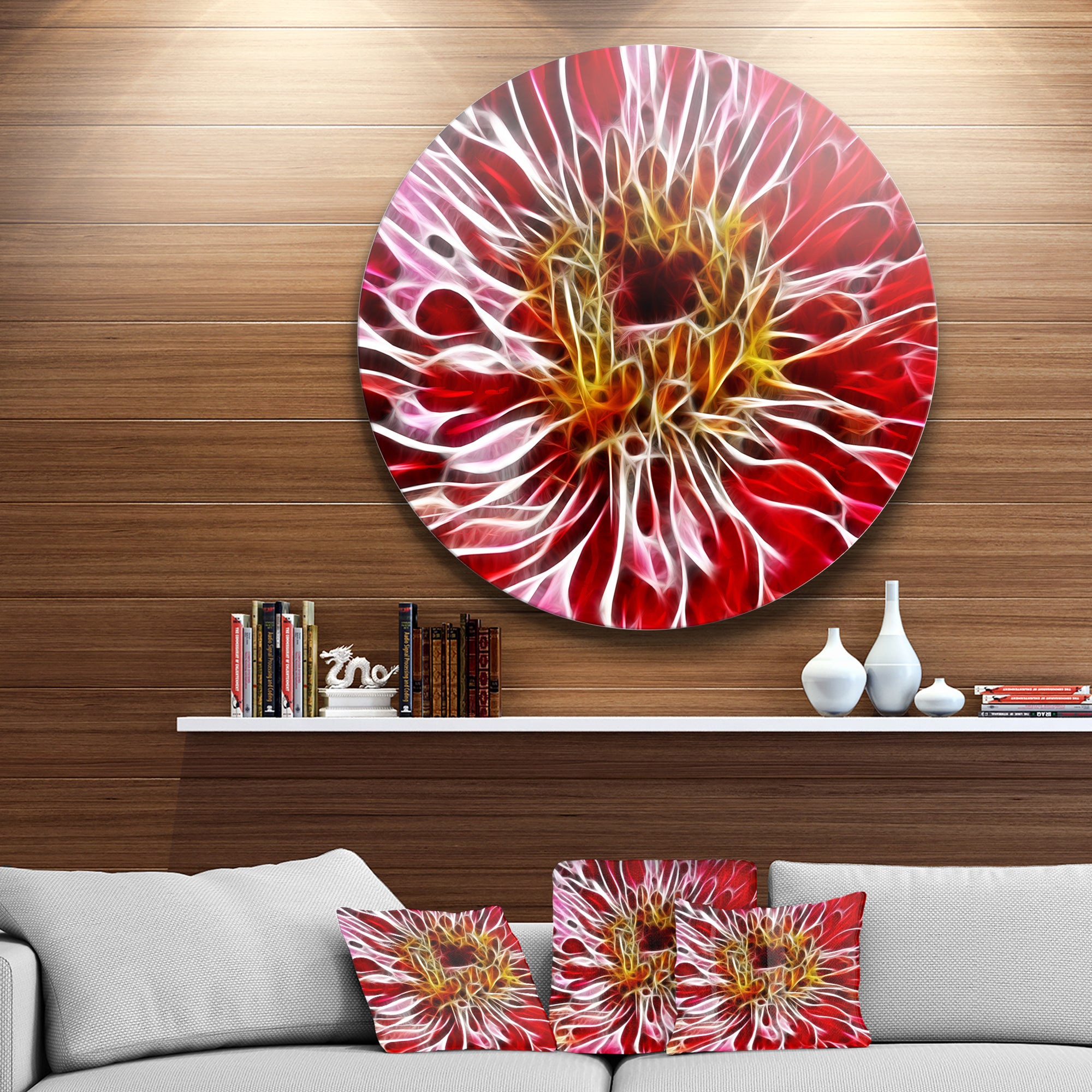 Dark Red Digital Art Fractal Flower' Floral Metal Circle Wall Art