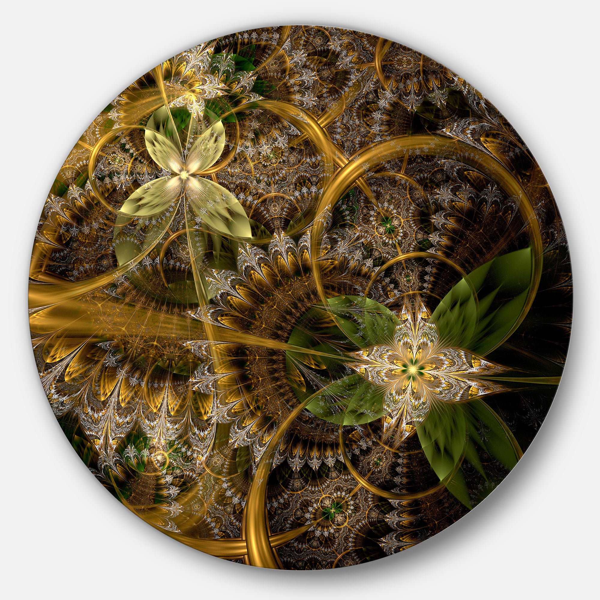 Green Gold Digital Art Fractal Flower' Floral Metal Circle Wall Art
