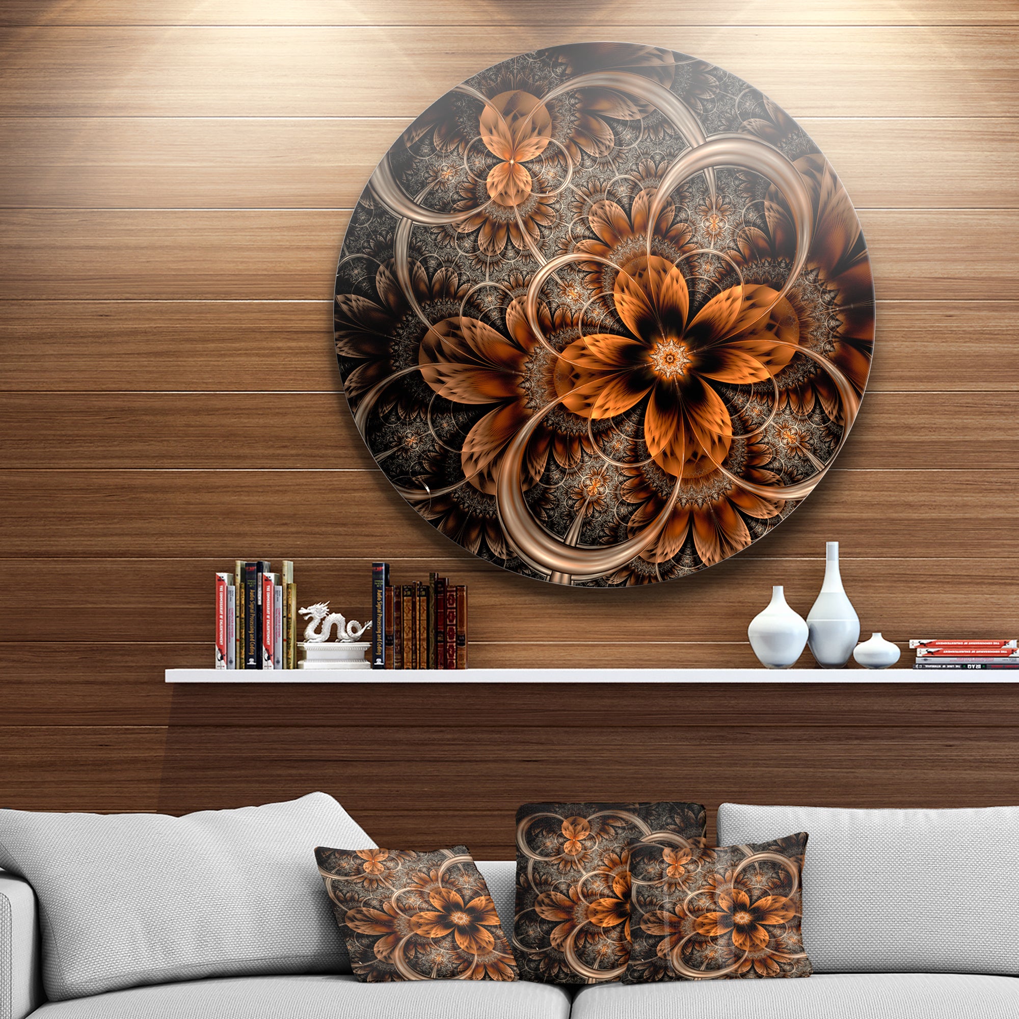 Dark Orange Digital Art Fractal Flower' Floral Metal Circle Wall Art