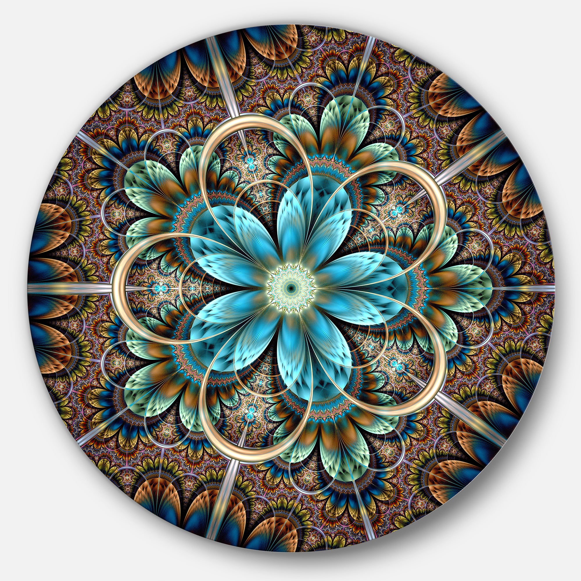 Large Brown Blue Fractal Flower' Floral Metal Circle Wall Art