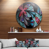 Turquoise and Red Fractal Flower Pattern' Floral Metal Circle Wall Art