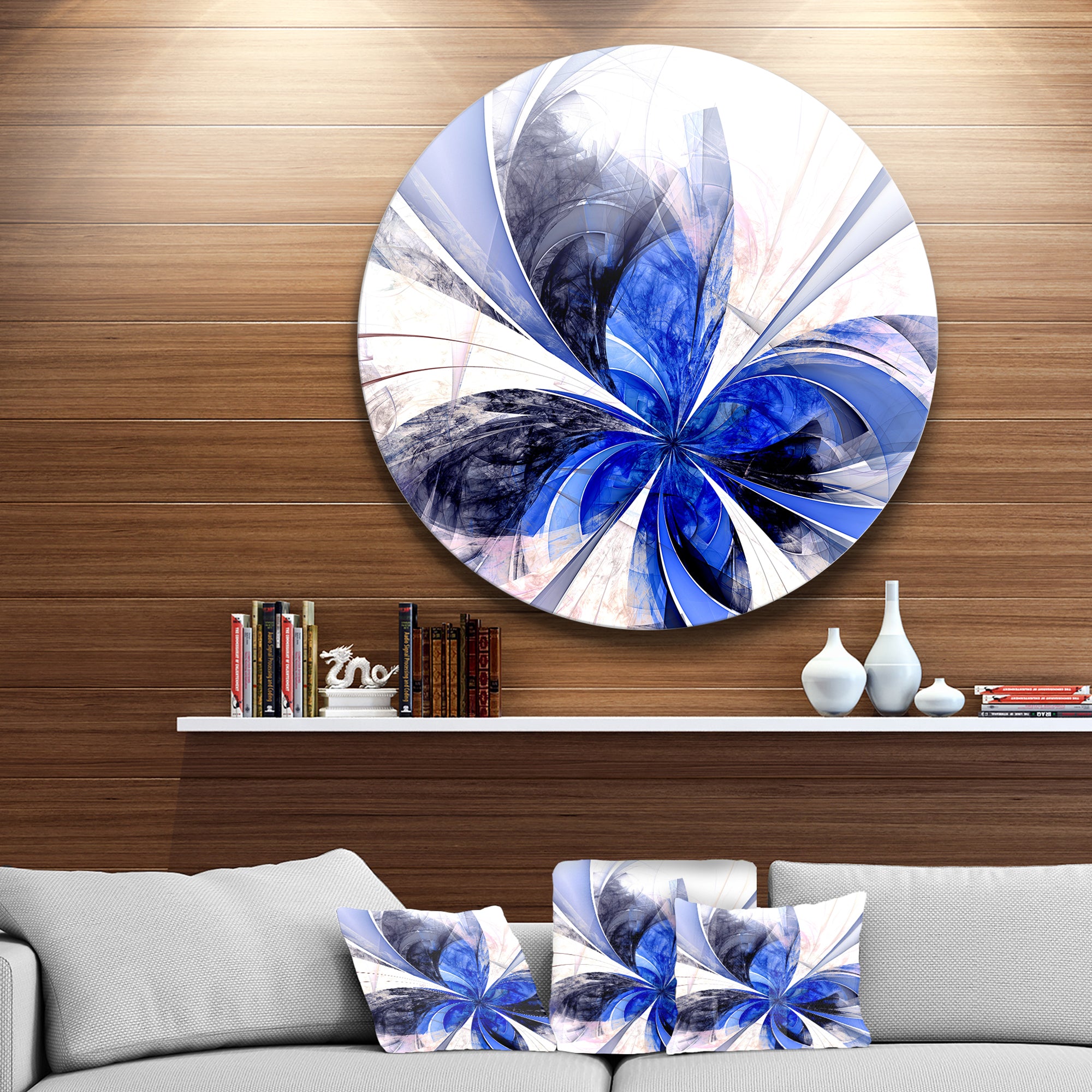 Symmetrical Bright Blue Fractal Flower' Floral Metal Circle Wall Art