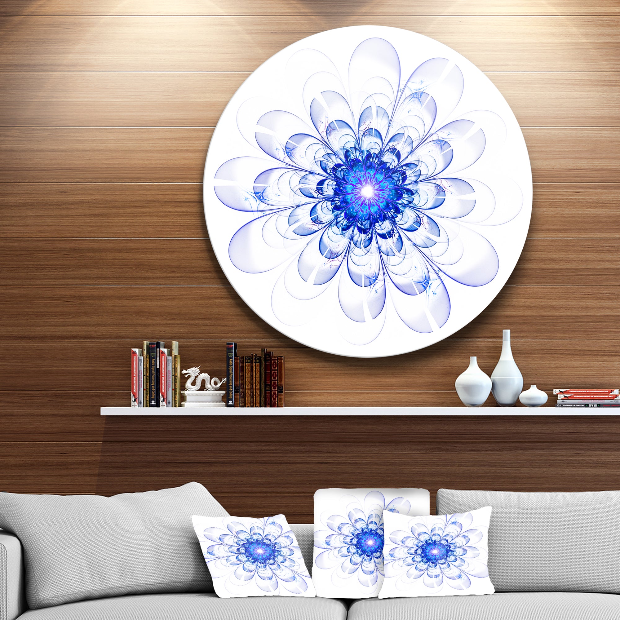 Blue Ideal Fractal Flower Design' Floral Metal Circle Wall Art