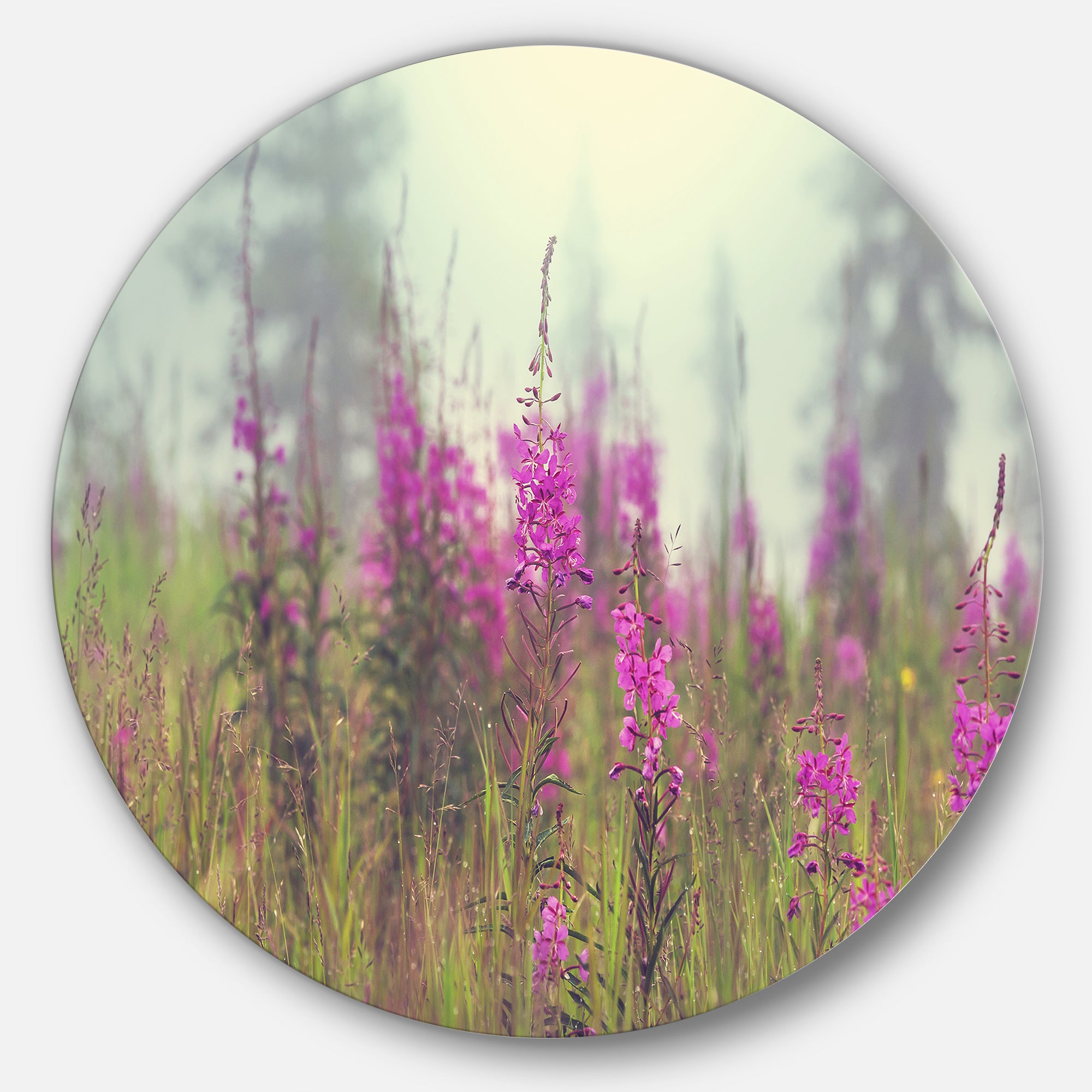 Purple Summer Flowers in Foggy Field' Floral Metal Circle Wall Art