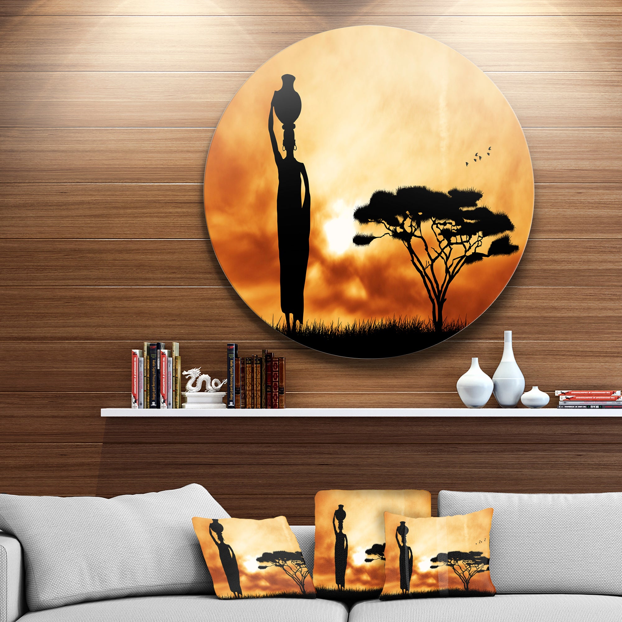 African Woman and Lonely Tree' African Landscape Metal Circle Wall Art