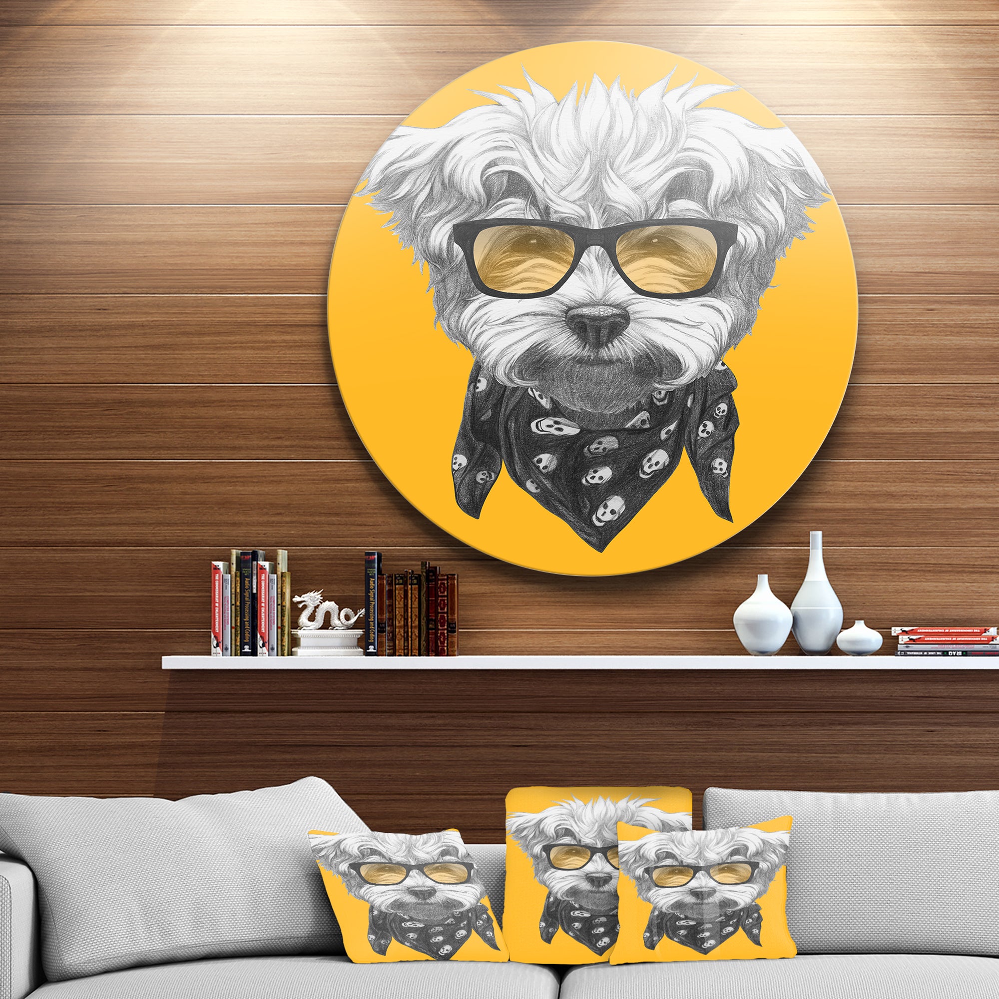 Maltese Poodle with Sunglasses' Disc Animal Metal Circle Wall Decor