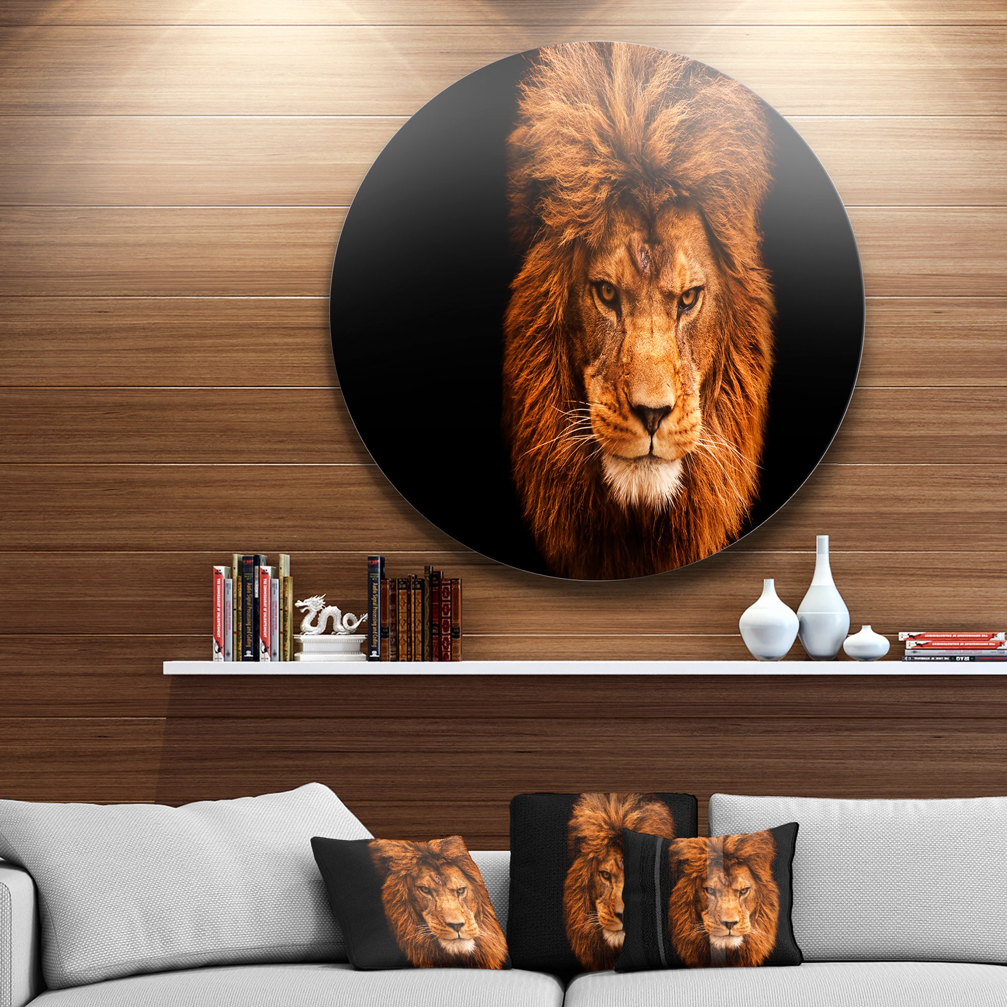 Face of Male Lion on Black' Ultra Vibrant Abstract Metal Circle Wall Art