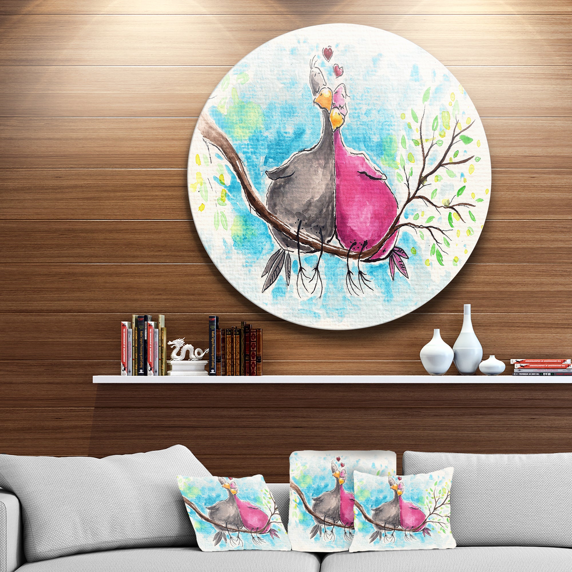 Two Birds in Love on Branch' Ultra Vibrant Abstract Metal Circle Wall Art