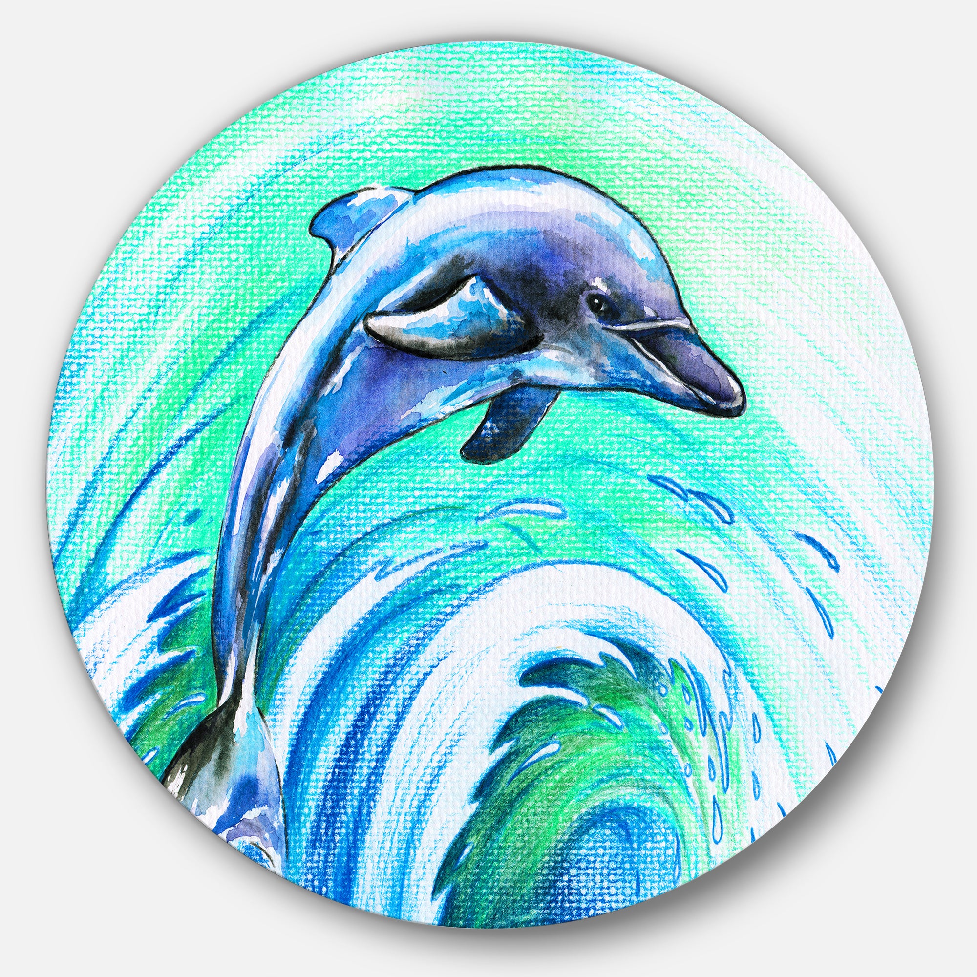 Jumping Dolphin Watercolor' Ultra Vibrant Animal Metal Circle Wall Art