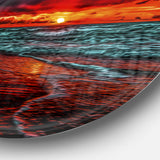 Red Sunset over Blue Waters' Ultra Vibrant Seascape Metal Circle Wall Art