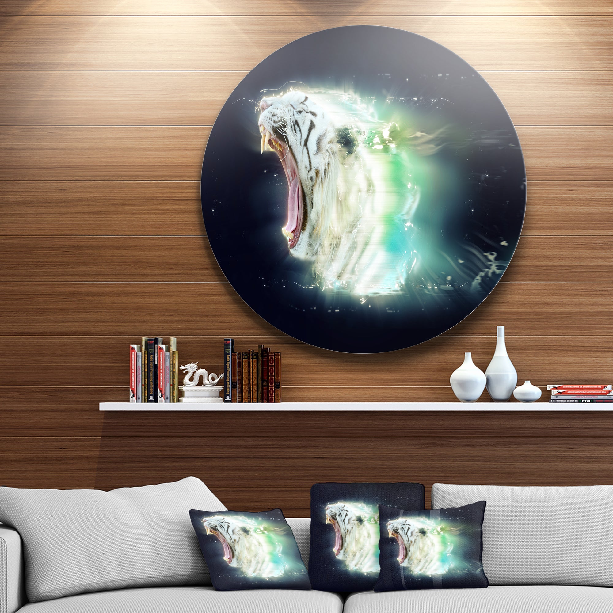 White Tiger with Open Jaws' Ultra Glossy Animal Oversized Metal Circle Wall Art