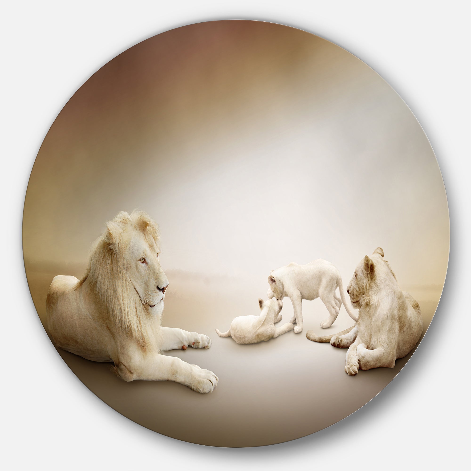 White Lion Family' Ultra Glossy Animal Oversized Metal Circle Wall Art