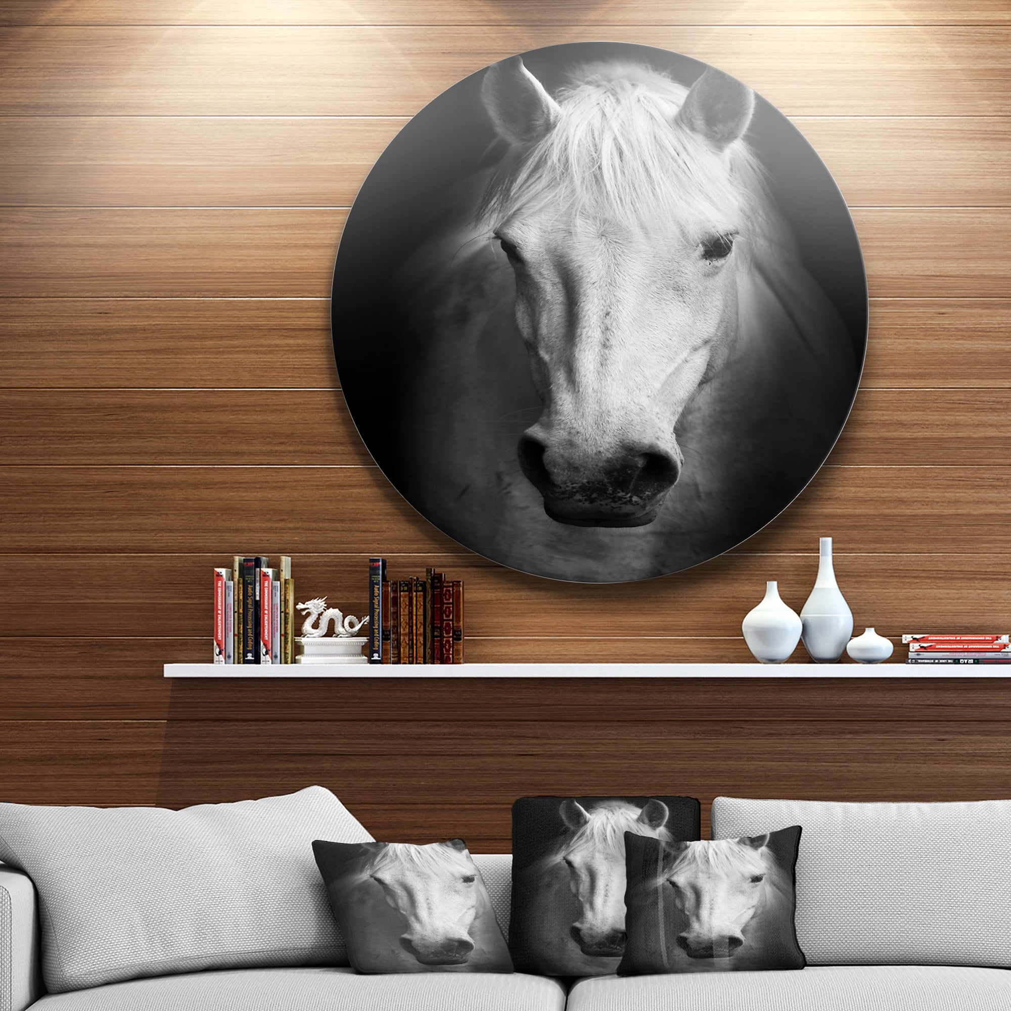 White Horse Black and White' Ultra Glossy Animal Oversized Metal Circle Wall Art