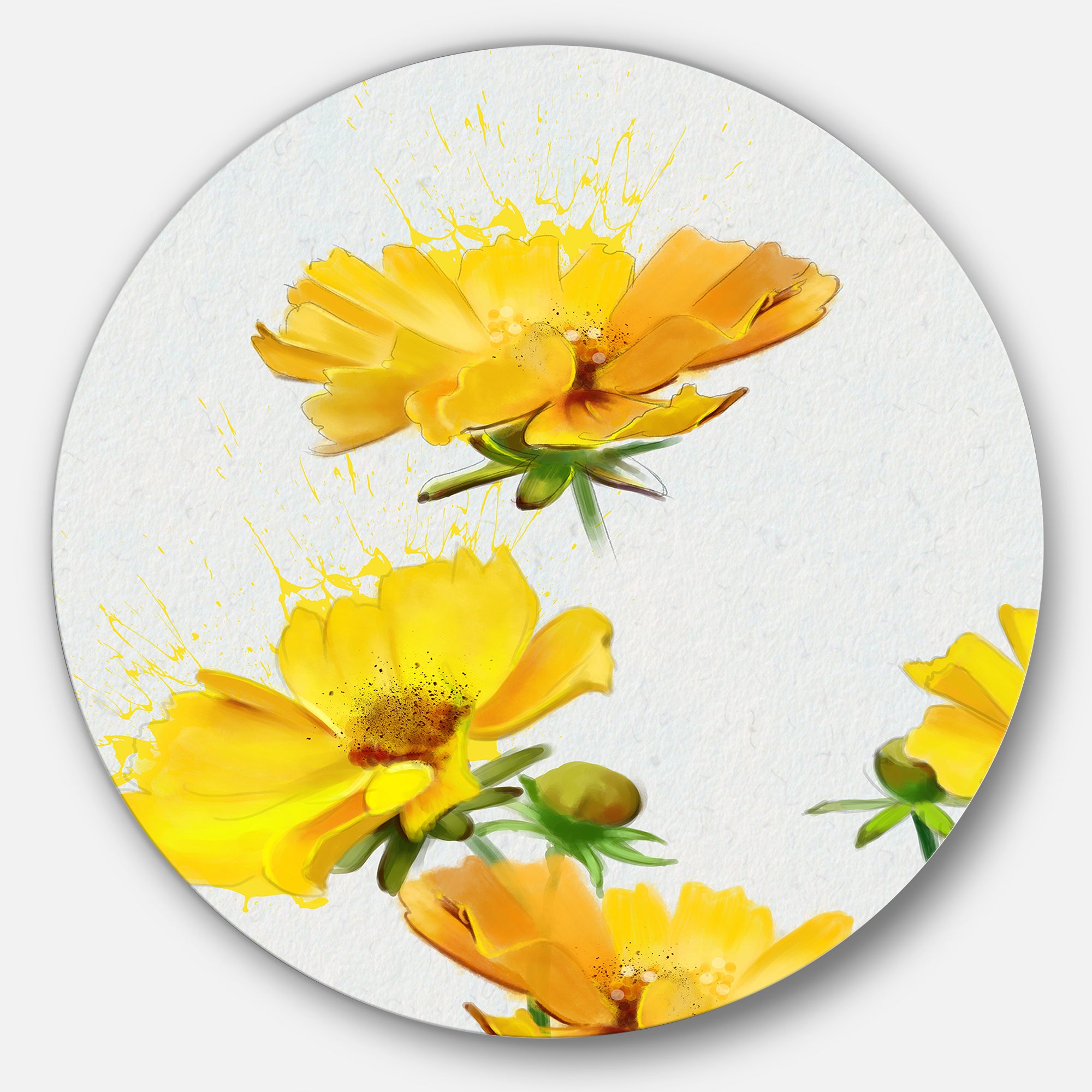 Beautiful Yellow Flowers on White' Floral Metal Round Wall Decor