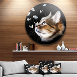 Cat with Butterflies on Black' Animal Metal Round Wall Decor