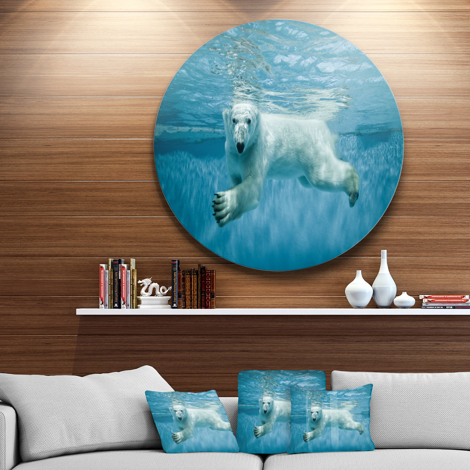 'Polar Bear Swimming under Water' Disc Large Animal Metal Artwork