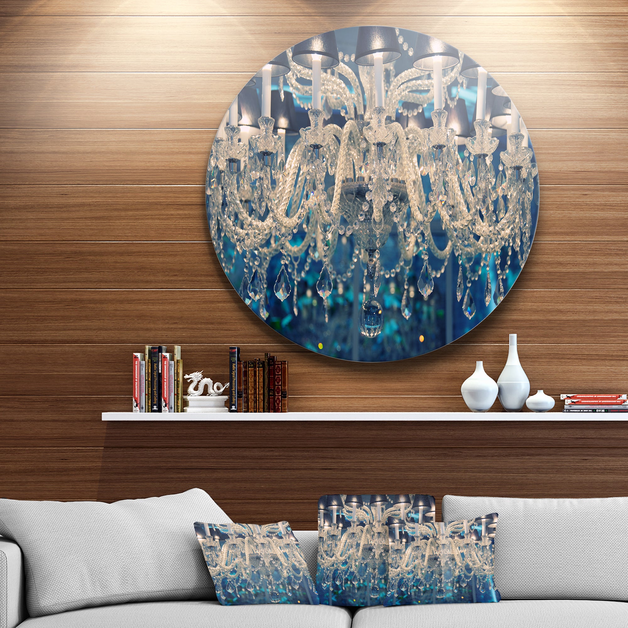 Blue Vintage Crystal Chandelier' Disc Flower Artwork on Large Metal Circle Wall Art