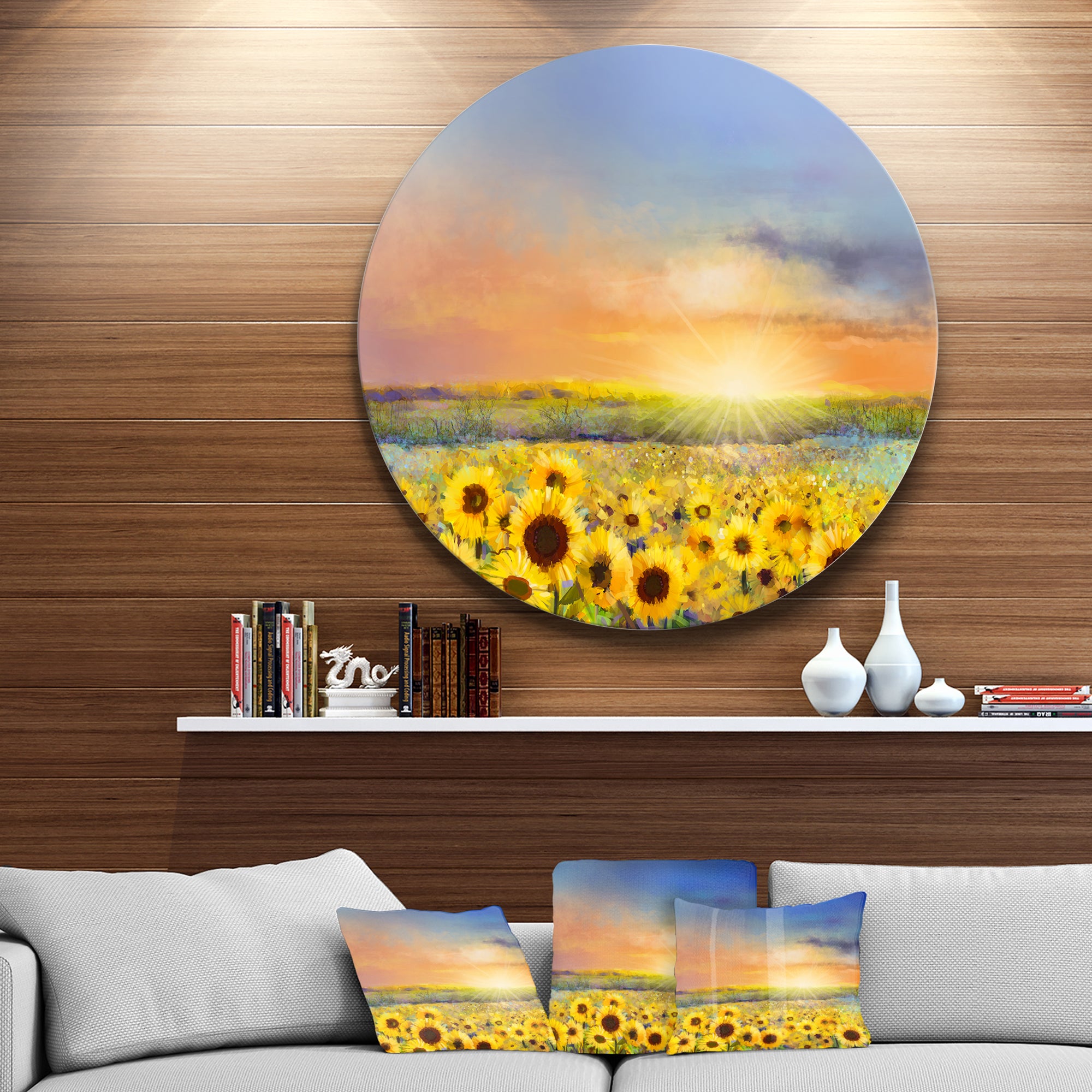 Sunset over Golden Sunflower Field' Disc Floral Metal Circle Wall Art