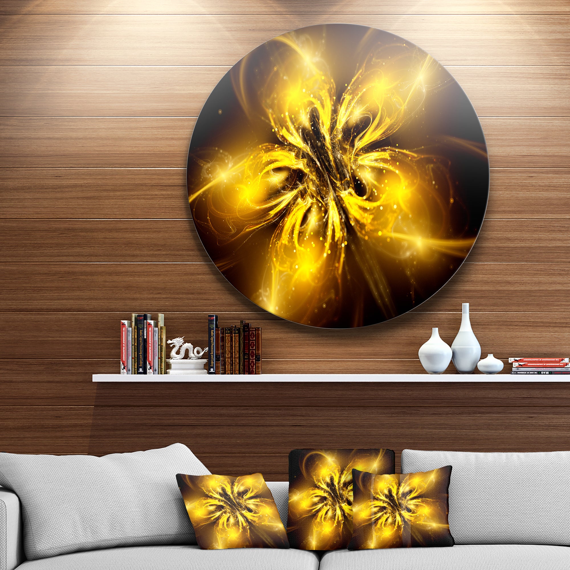 Shiny Gold Fractal Flower on Black' Disc Floral Metal Circle Wall Art