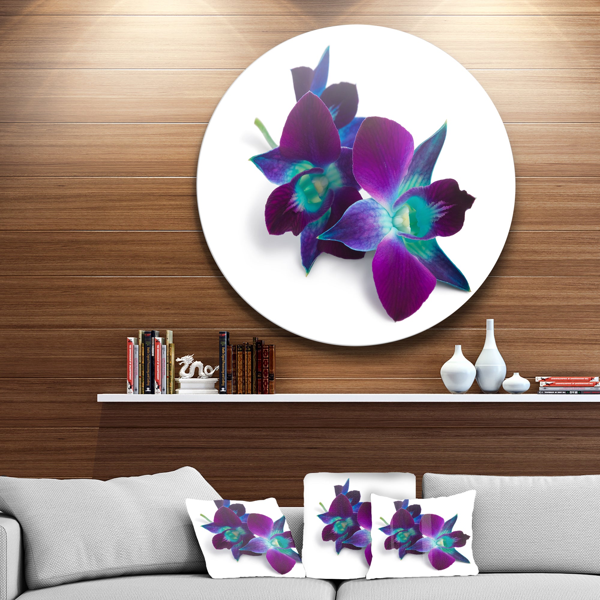 Deep Purple Orchid Flowers on White' Disc Flowers Metal Circle Wall Artwork