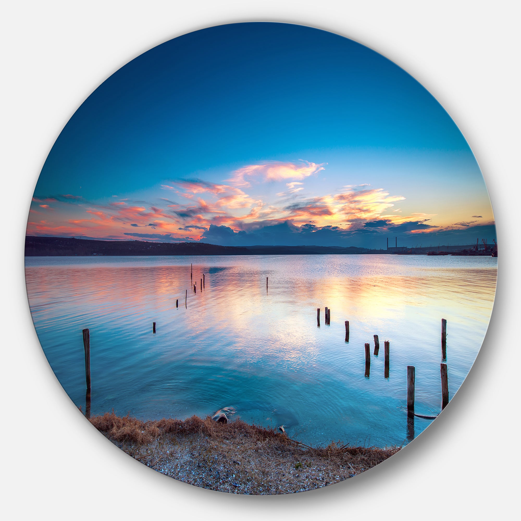Bright Blue Sky and Blue Waters' Seashore Metal Circle Wall Art