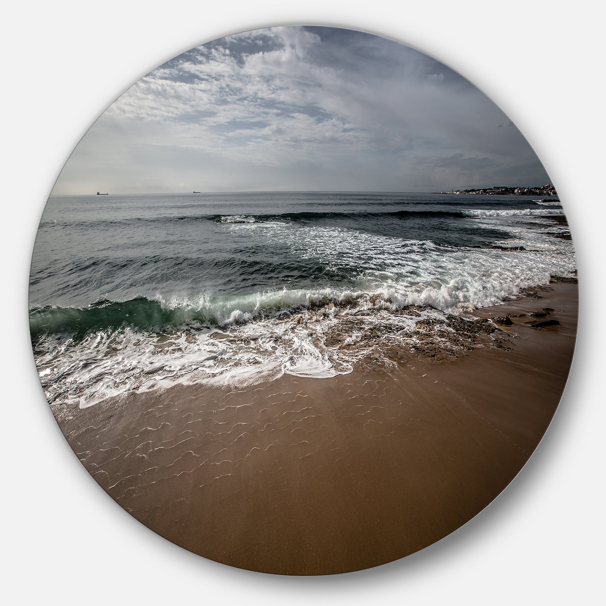 Soft Waves of Sea on Sandy Beach' Seashore Metal Circle Wall Art