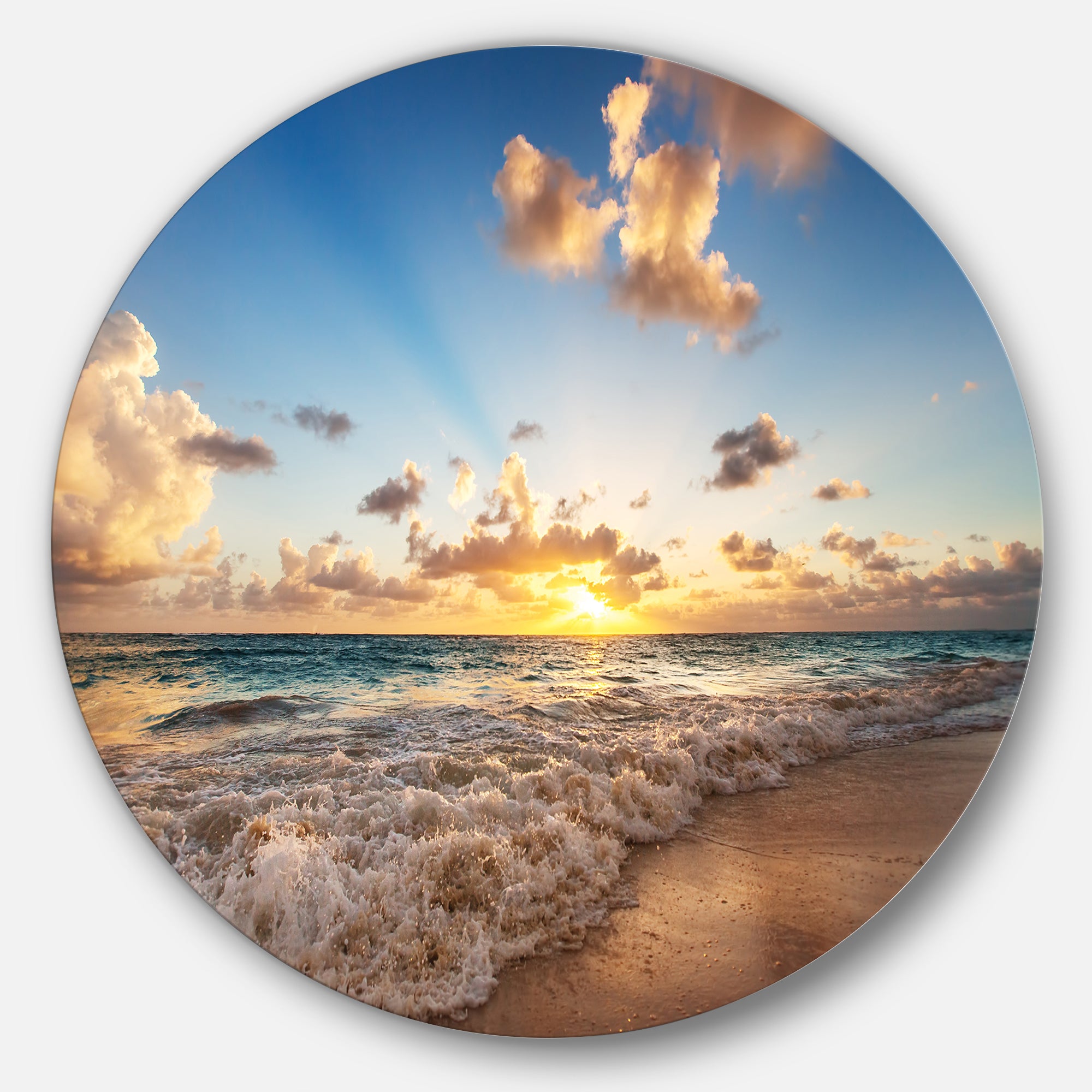 Sunrise on Beach of Caribbean Sea' Large Seashore Metal Circle Wall Art