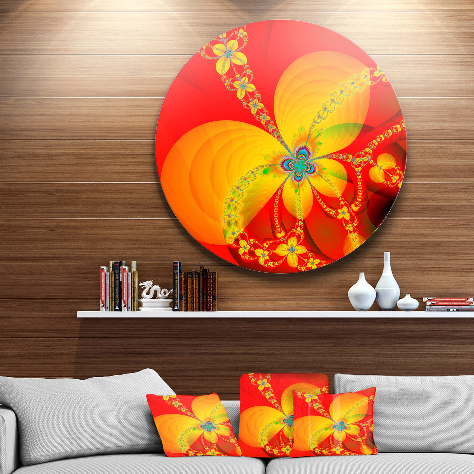 Red Yellow Colorful Fractal Pattern' Floral Metal Circle Wall Art