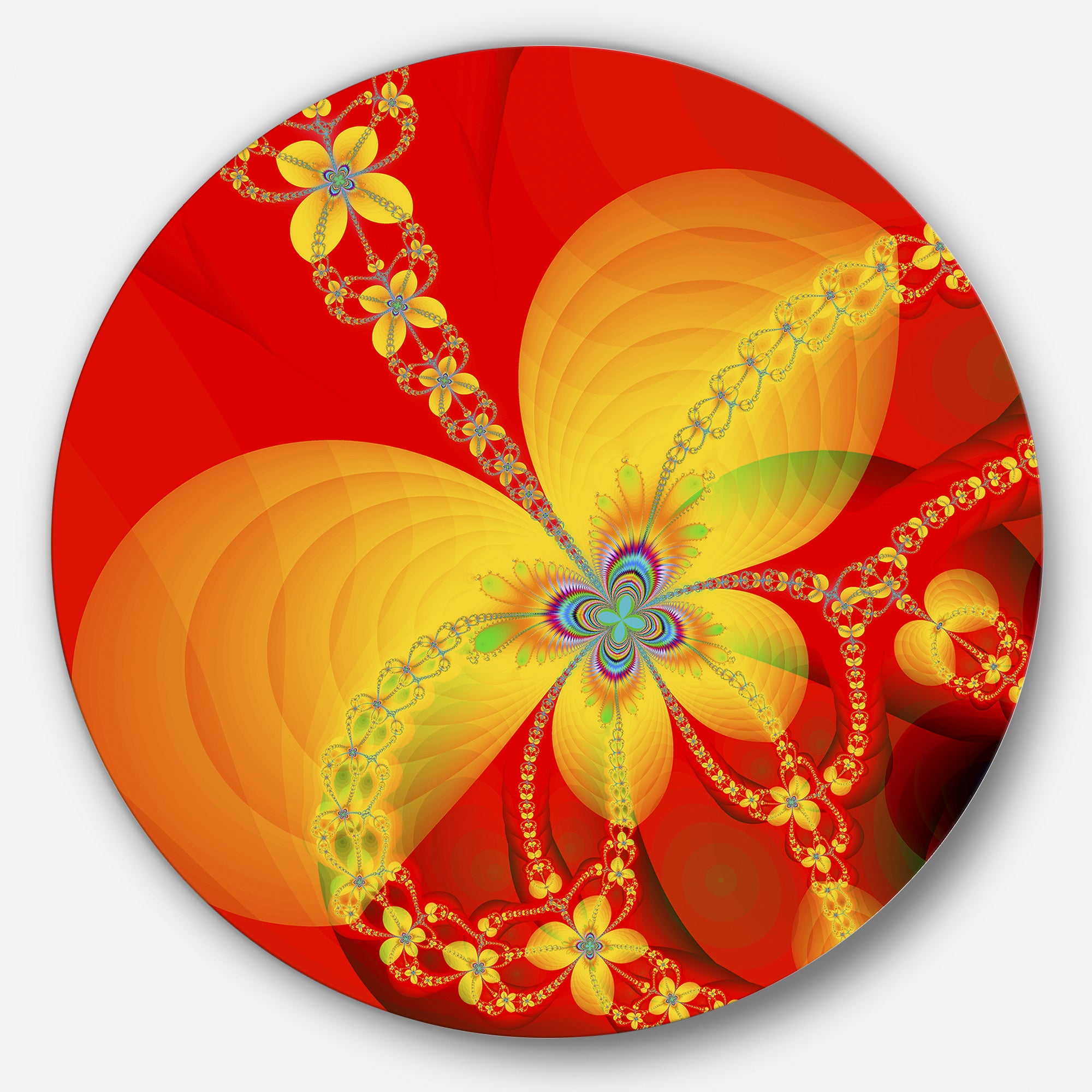 Red Yellow Colorful Fractal Pattern' Floral Metal Circle Wall Art