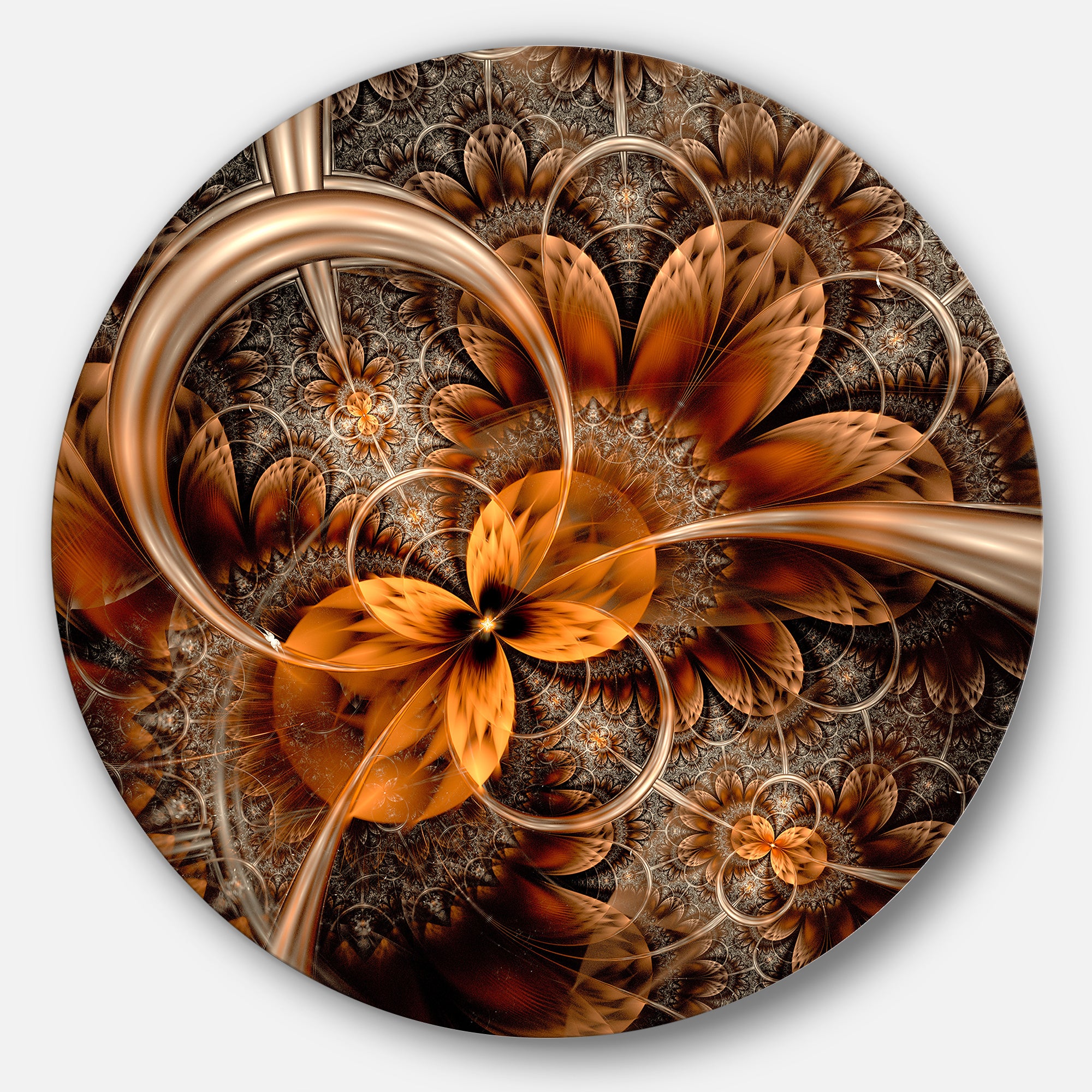 Dark Orange Fractal Flower' Abstract Round Circle Metal Wall Decor