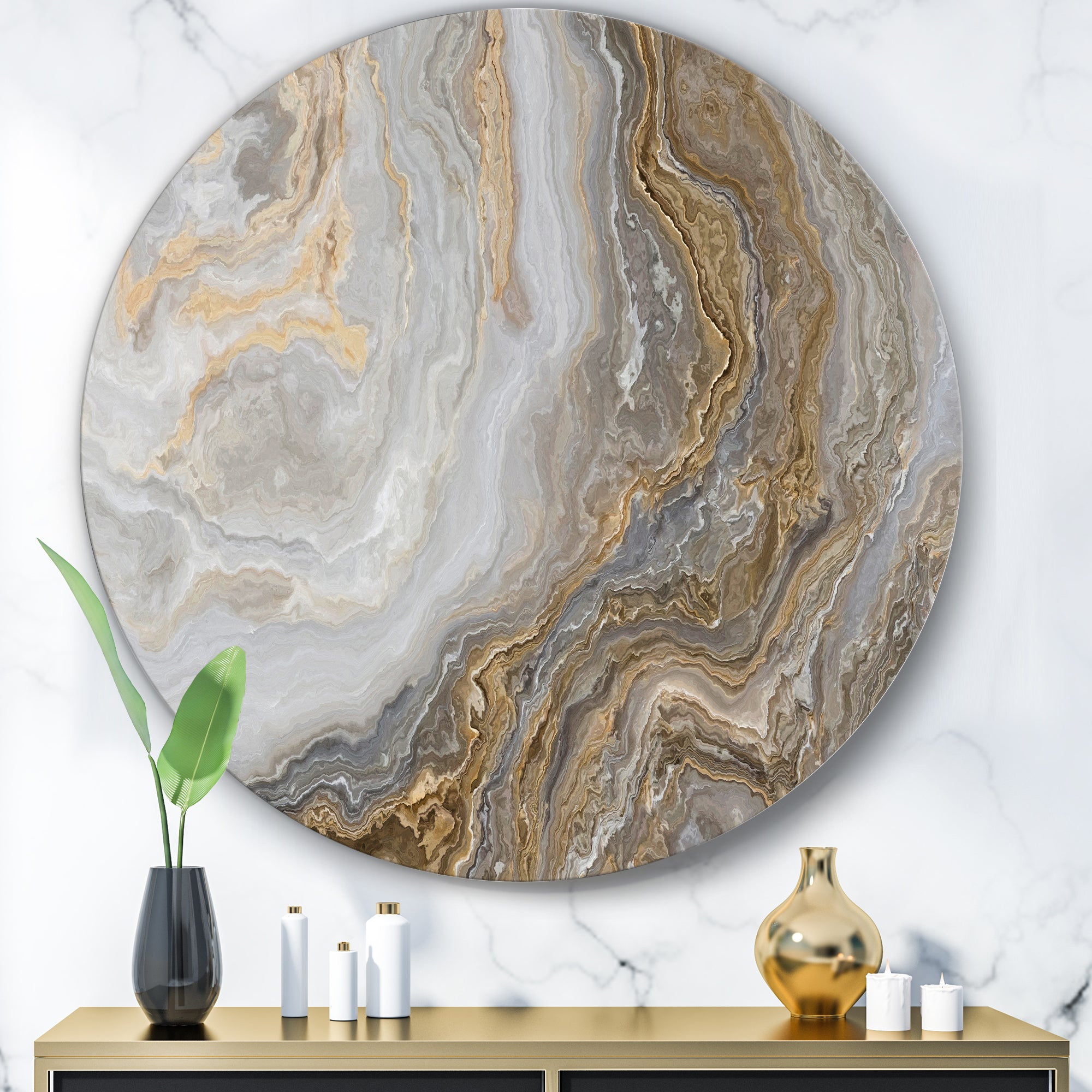 Designart 'White Marble with Curley Grey and Gold Veins' Glam Round Circle Metal Wall Decor Panel