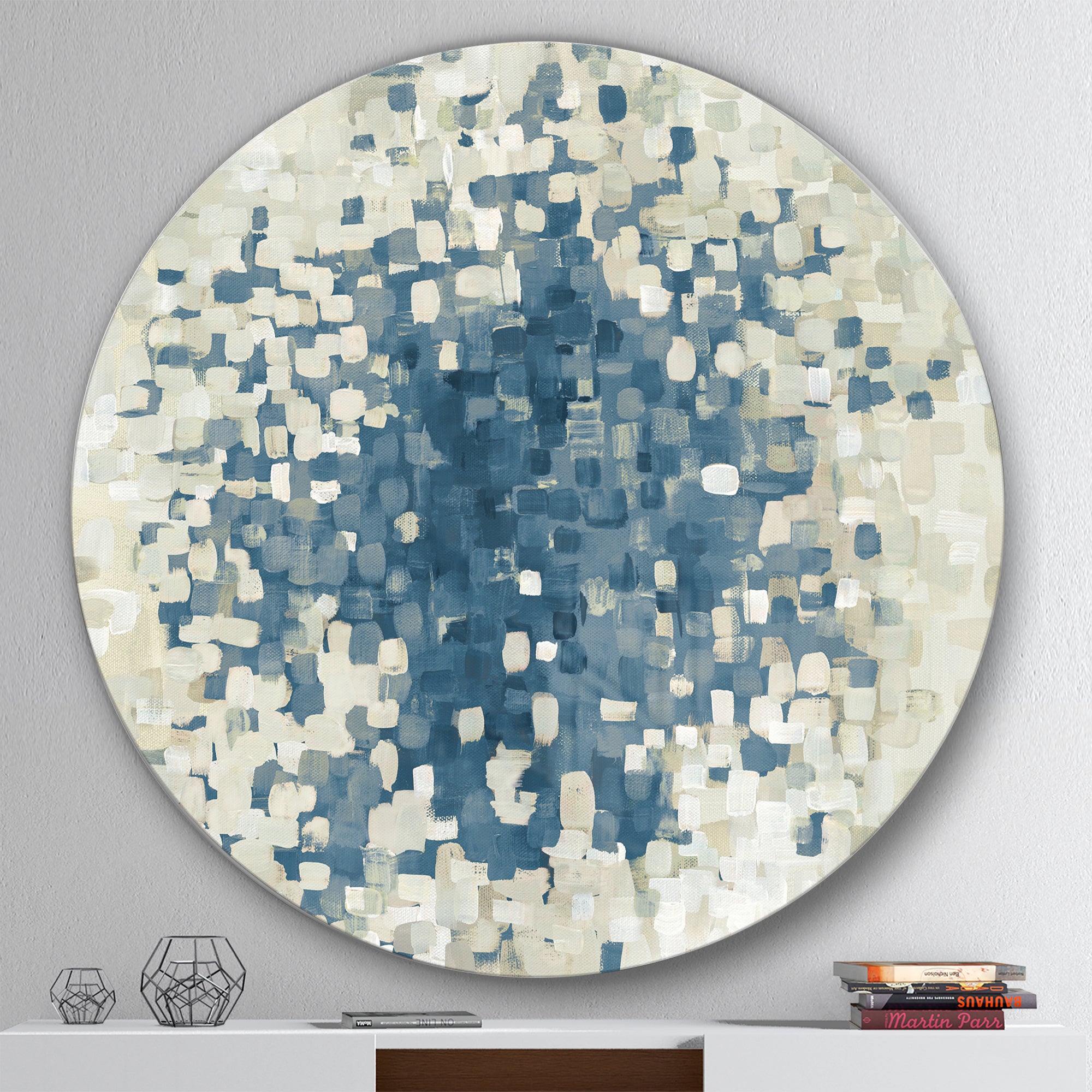 Designart 'Geometric Blue Spots' Geometric Metal Circle Wall Art