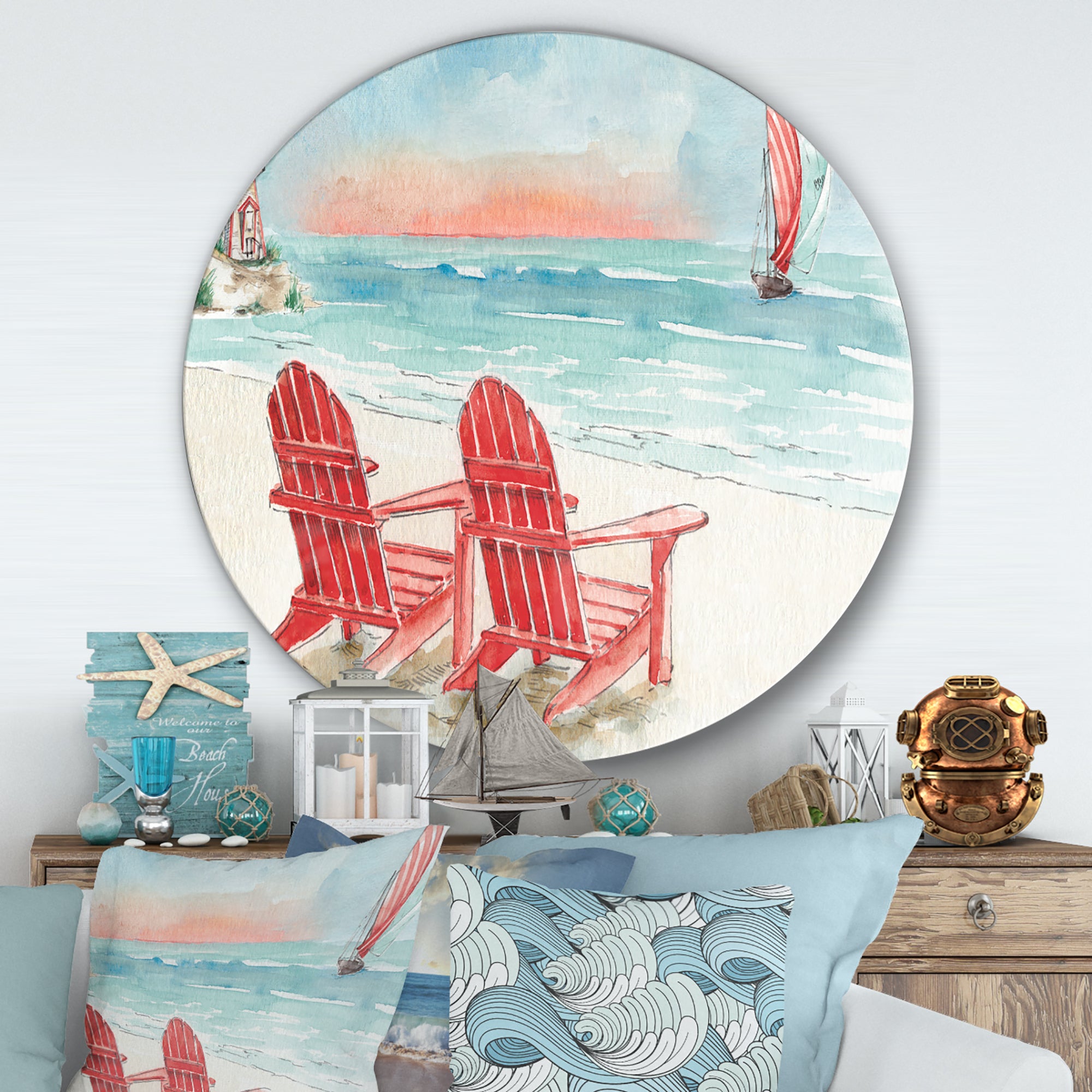 Designart 'Coastal Chair Relax  Beach II' Nautical & Coastal Metal Circle Wall Art